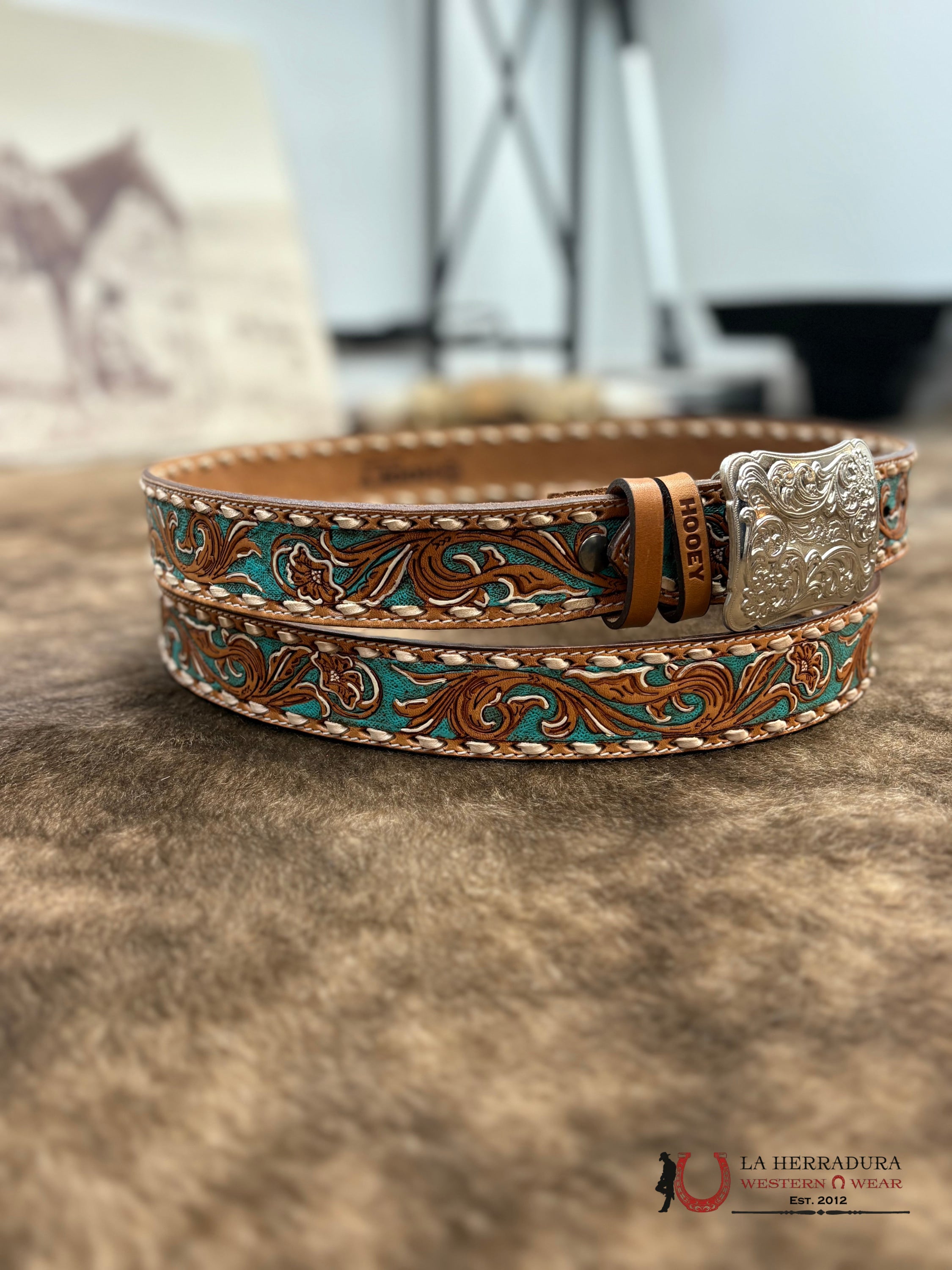 HOOEY WOMENS SONOMA’ BROWN/IVORY W/TURQUOISE FLORAL HAND TOOLED BELT CINTURONES MUJERES