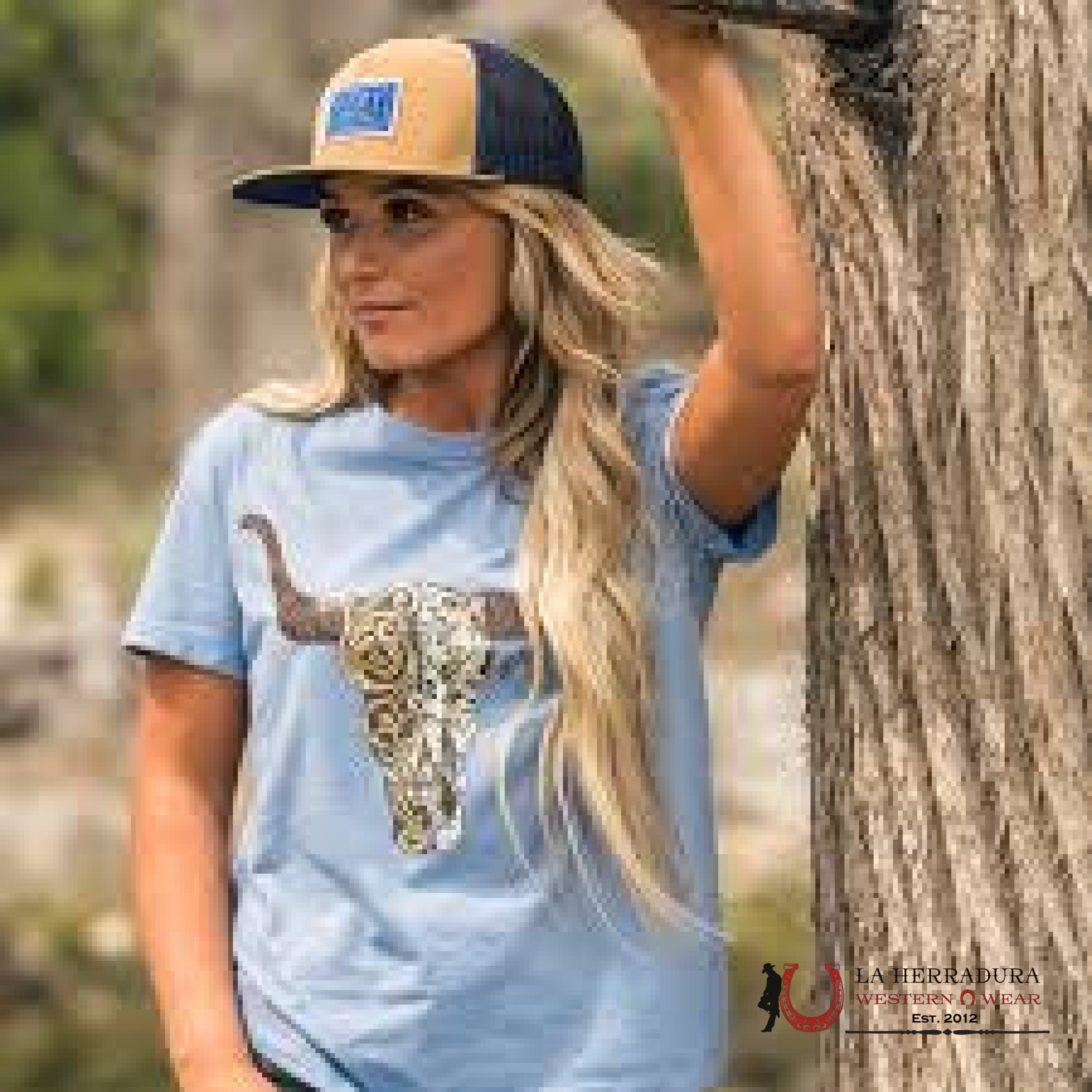 Hooey Yuma denim crew short sleeve t shirt with brown / tan floral skull HT1632DE ROPA MUJERES