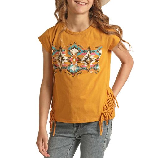 ROCK&ROLL GIRL T-SHIRT AZTEC GRAPHIC PRINGE TEE MUSTARD RRGT21R111