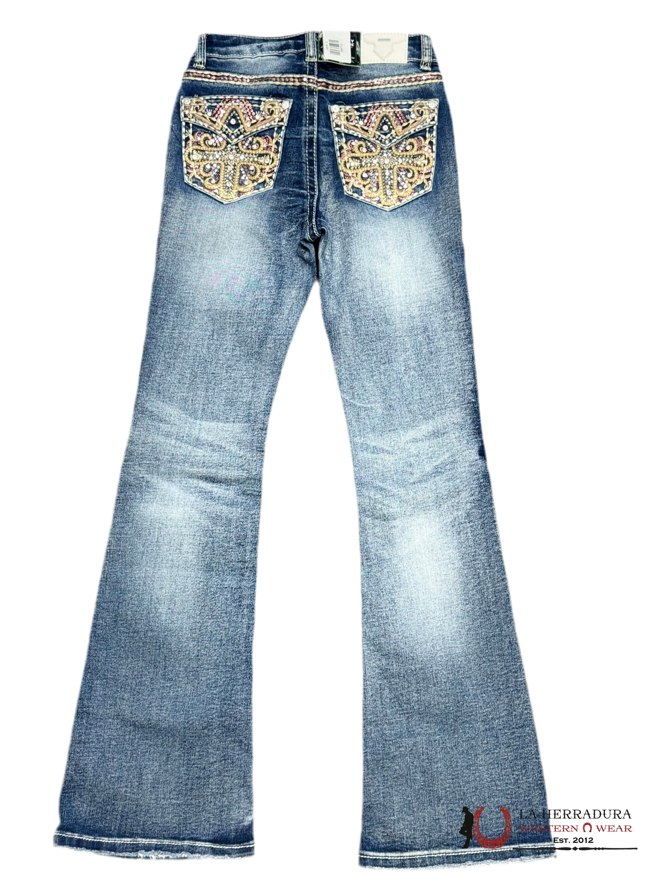 JEANS GIRLS SEXI COUTURE BOOTCUT FIT Washed-out color with rhinestones on the bag sequins and EMB S1394-PB-K NIÑOS