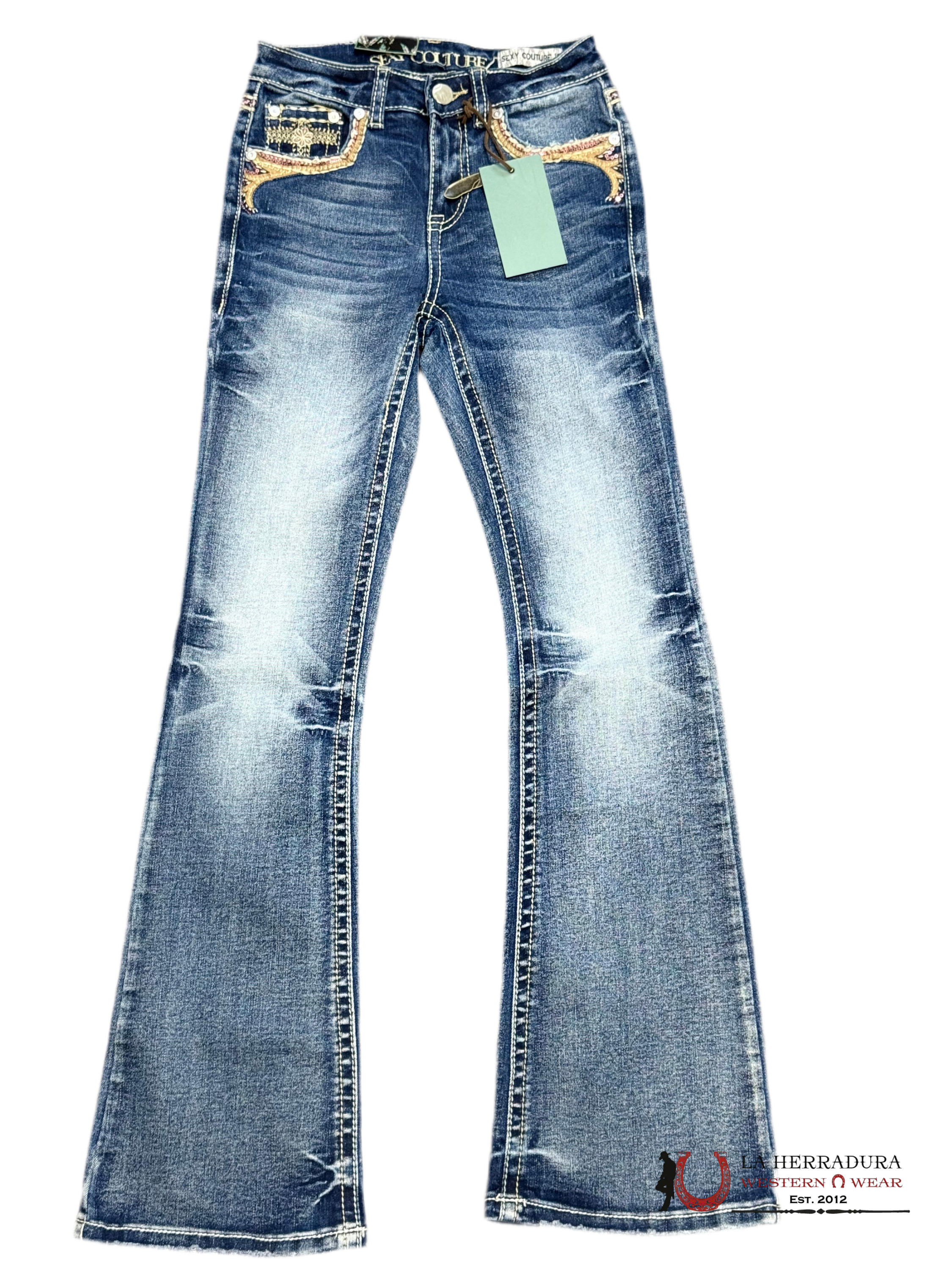 JEANS GIRLS SEXI COUTURE BOOTCUT FIT Washed-out color with rhinestones on the bag sequins and EMB S1394-PB-K NIÑOS