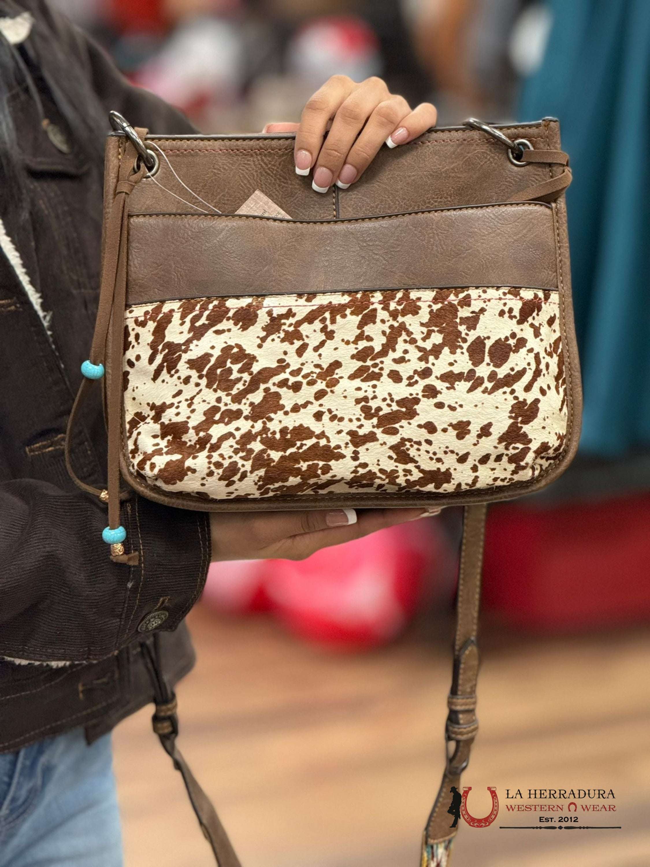 Justin Cross Body Hand Bag White & Brown Cowhide Turquoise Beaded