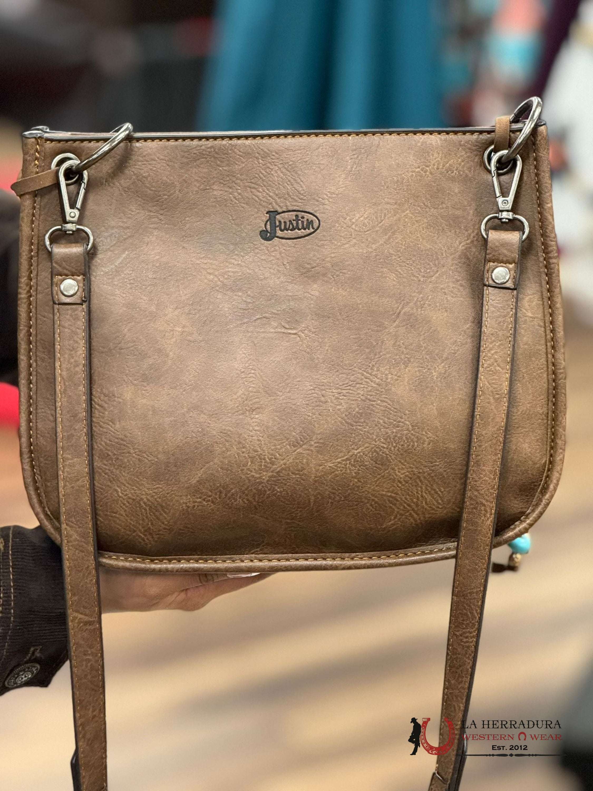 Justin Cross Body Hand Bag White & Brown Cowhide Turquoise Beaded