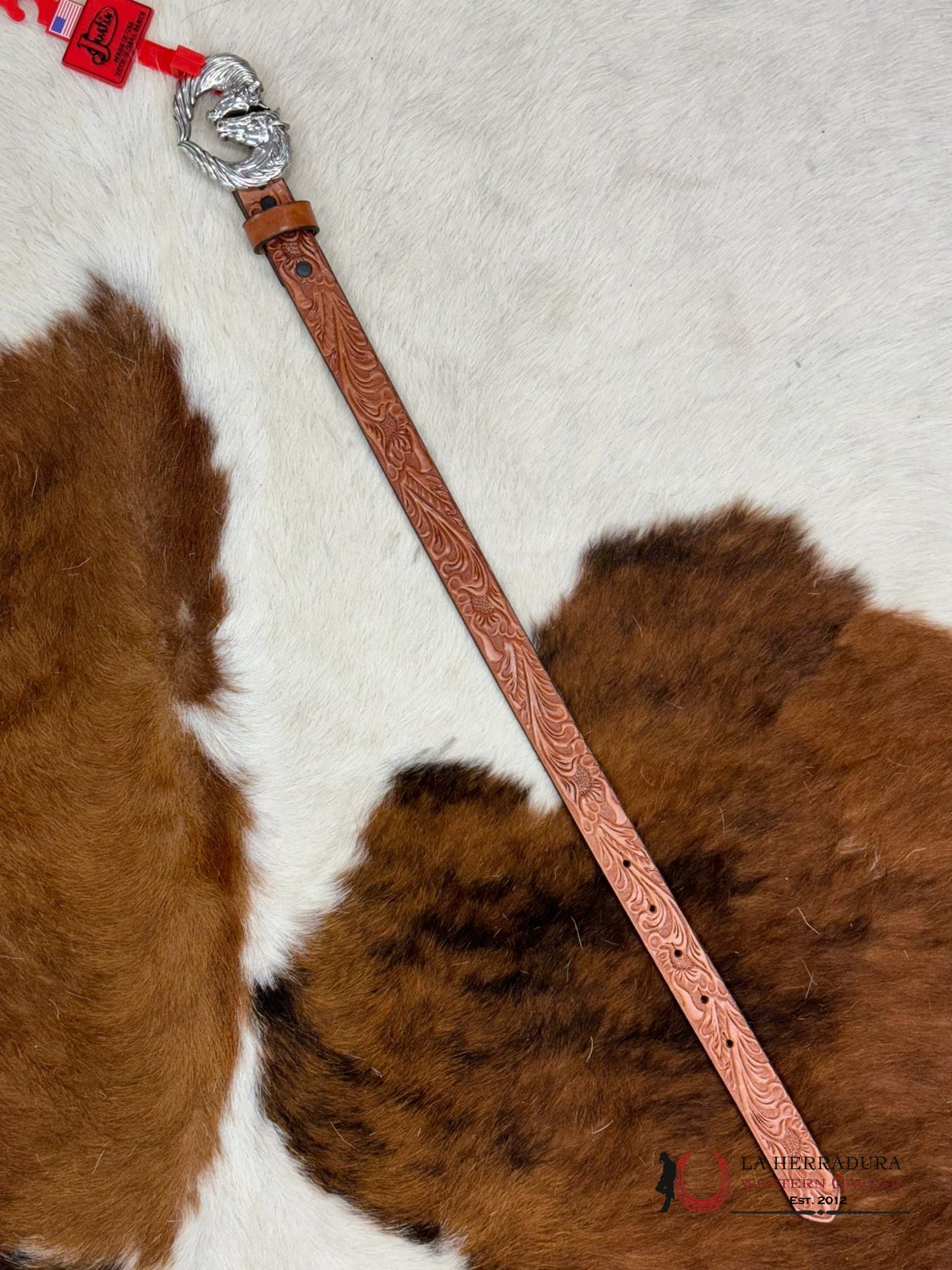 Justin Girl Belt Cognac Hand Tooled Heart Horse Buckle Niños