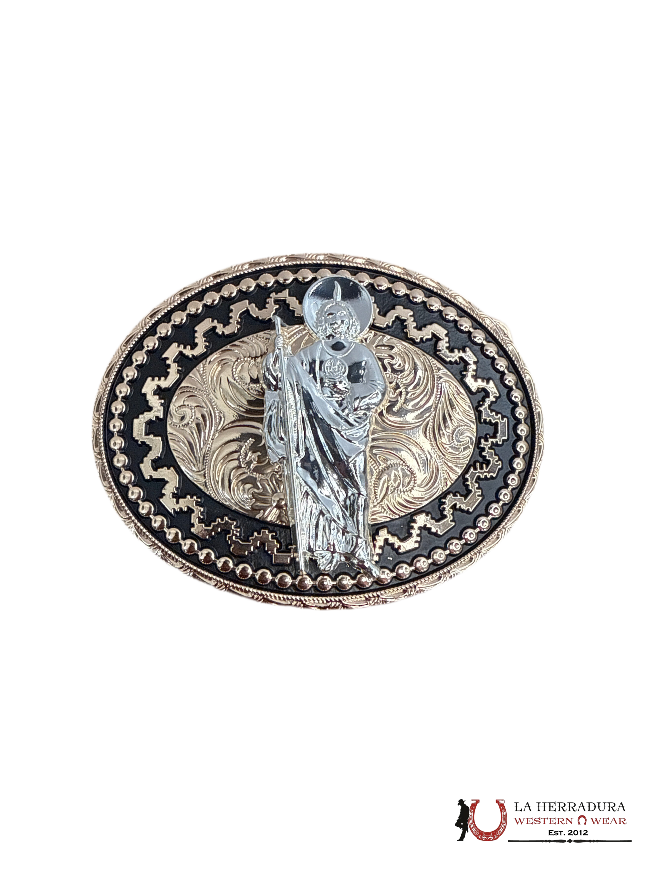 KIDS ROUND BLACK & GOLD SAN JUDAS BUCKLE ACCESORIOS