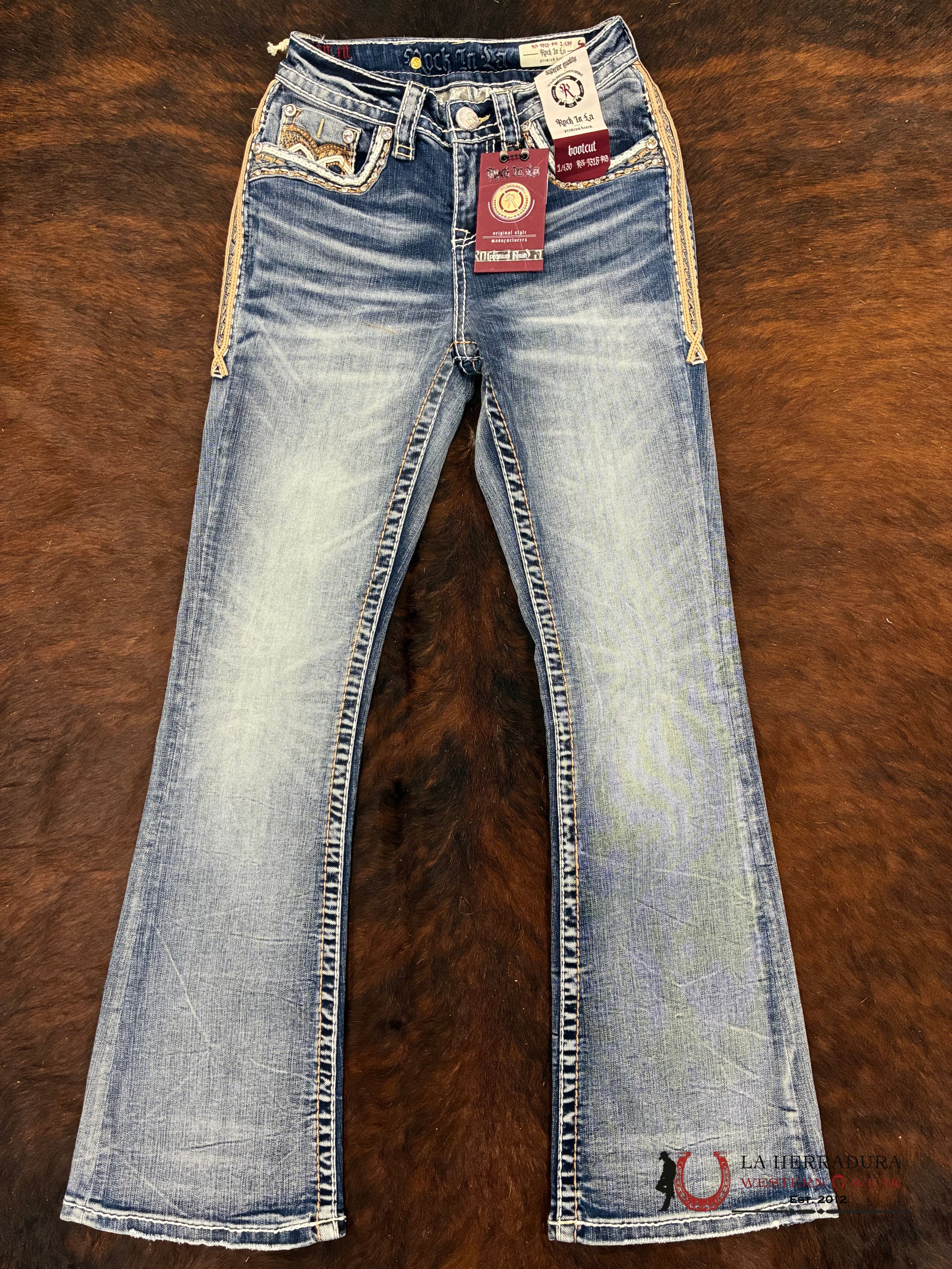 KIMBERLY ROCK IN LA MEDIAM WASHED BOOT CUT JEAN ORANGE & WHITE EMBROIDERY RHINESTONE RA-9315-PB ROPA MUJERES