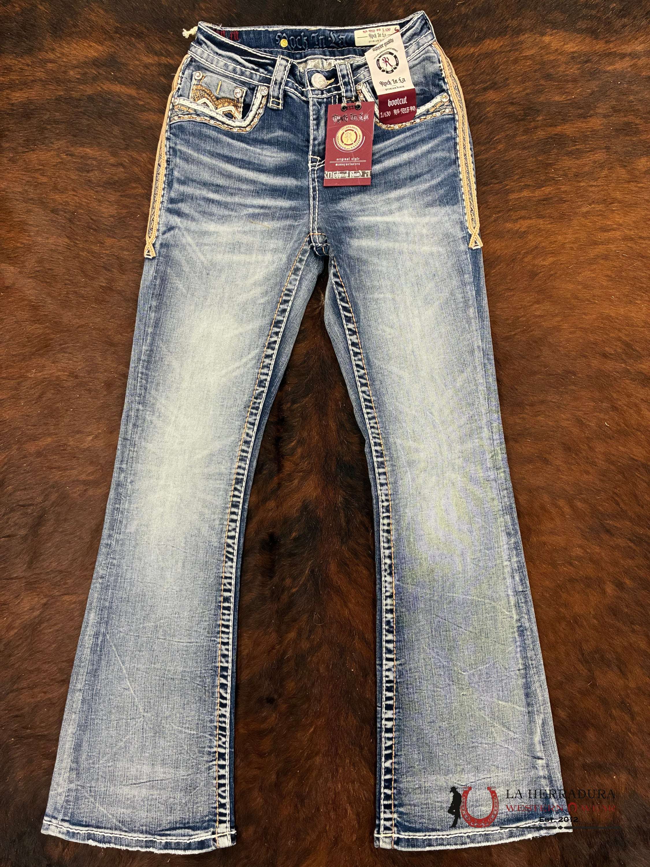 KIMBERLY ROCK IN LA MEDIAM WASHED BOOT CUT JEAN ORANGE & WHITE EMBROIDERY RHINESTONE RA-9315-PB ROPA MUJERES