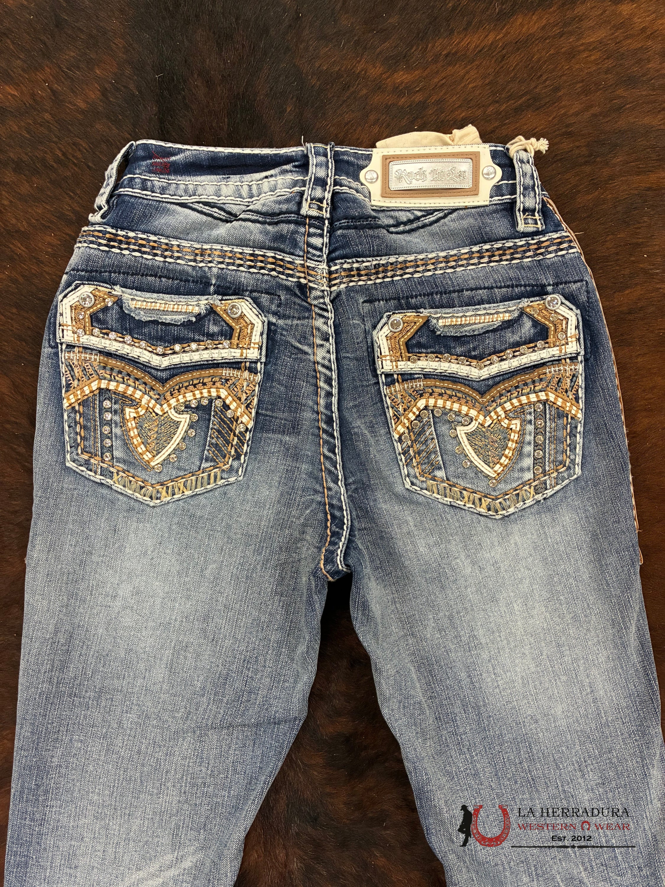 KIMBERLY ROCK IN LA MEDIAM WASHED BOOT CUT JEAN ORANGE & WHITE EMBROIDERY RHINESTONE RA-9315-PB ROPA MUJERES