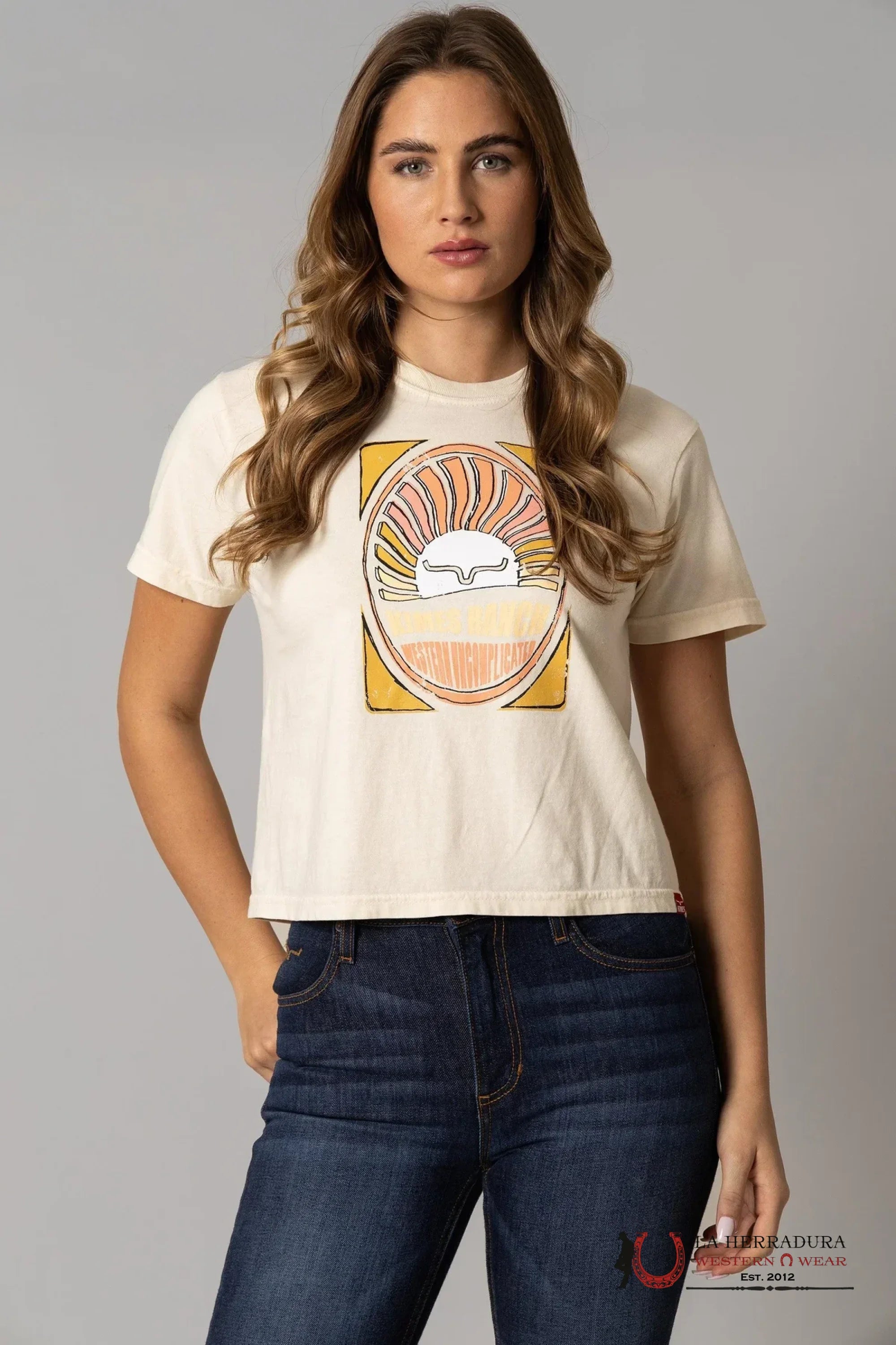 KIMS RAMCH WOMEN T-SHIRT CROP TOP SUNSET LAUREL CANYON IVORY ROPA MUJERES