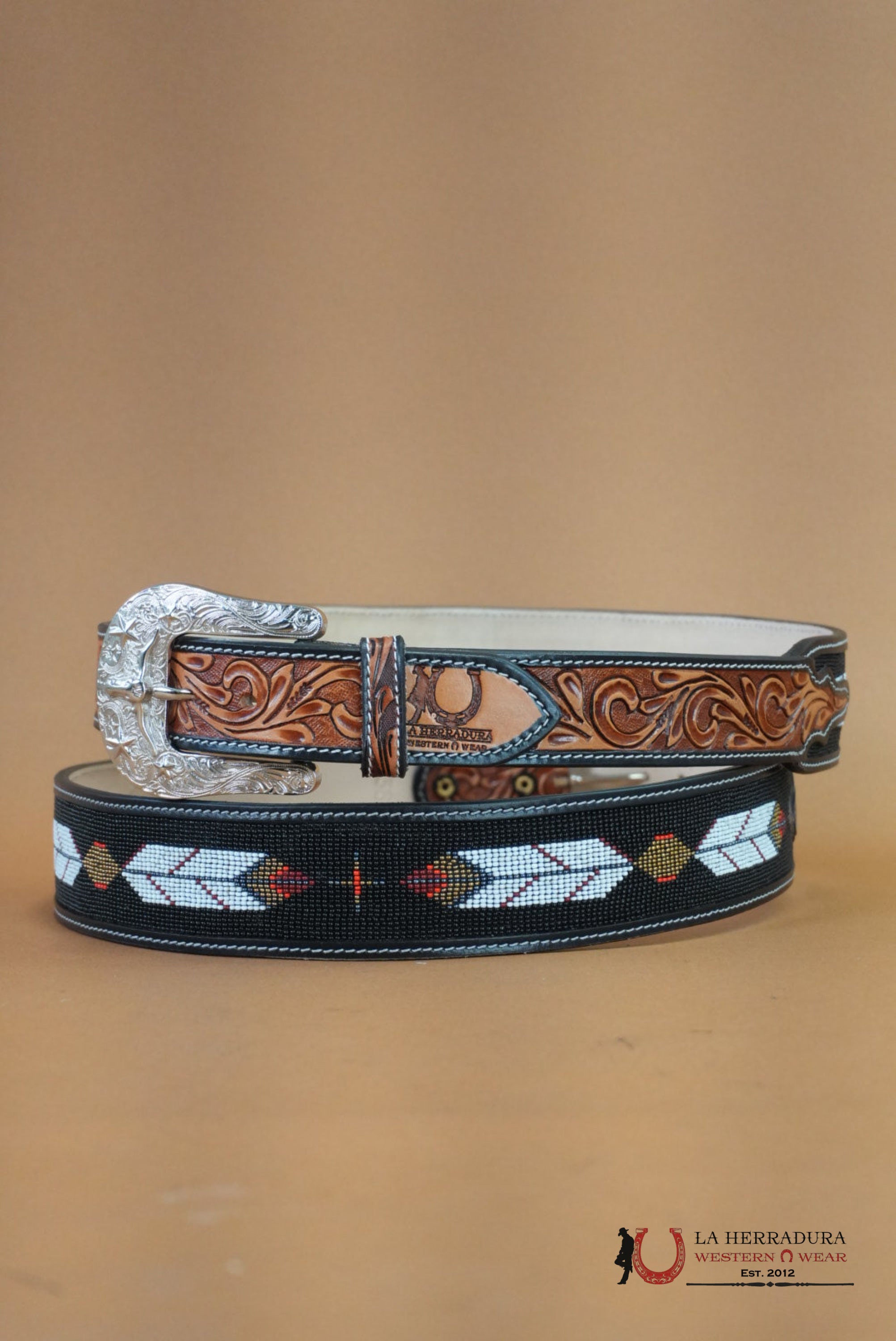 LA HERRADURA AZTEC BLACK GOLD HANDTOOLED NEW DESIGN BELT CINTURONES HOMBRES