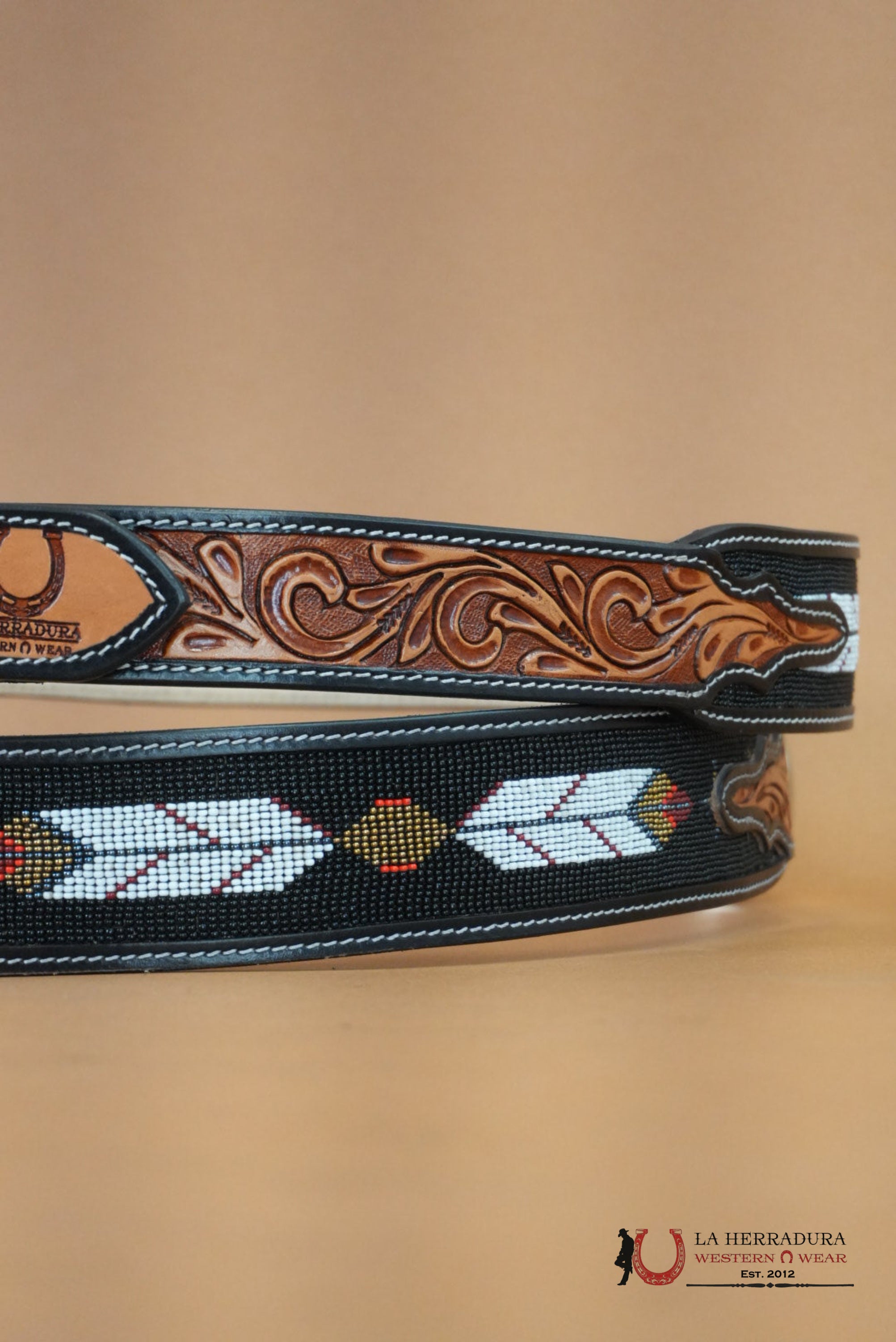 LA HERRADURA AZTEC BLACK GOLD HANDTOOLED NEW DESIGN BELT CINTURONES HOMBRES
