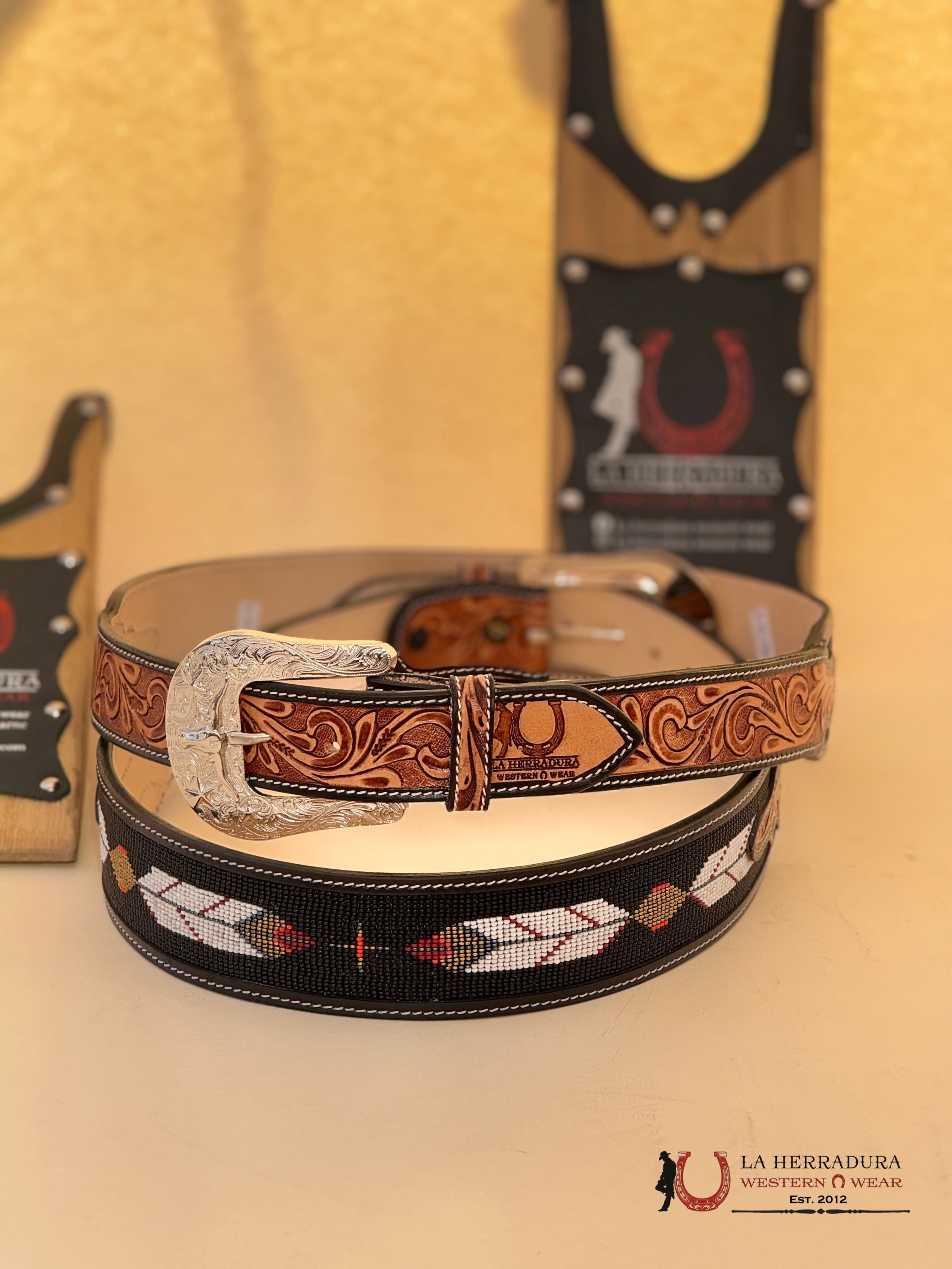 La Herradura Aztec Black Gold Handtooled New Design Belt Cinturones Hombres