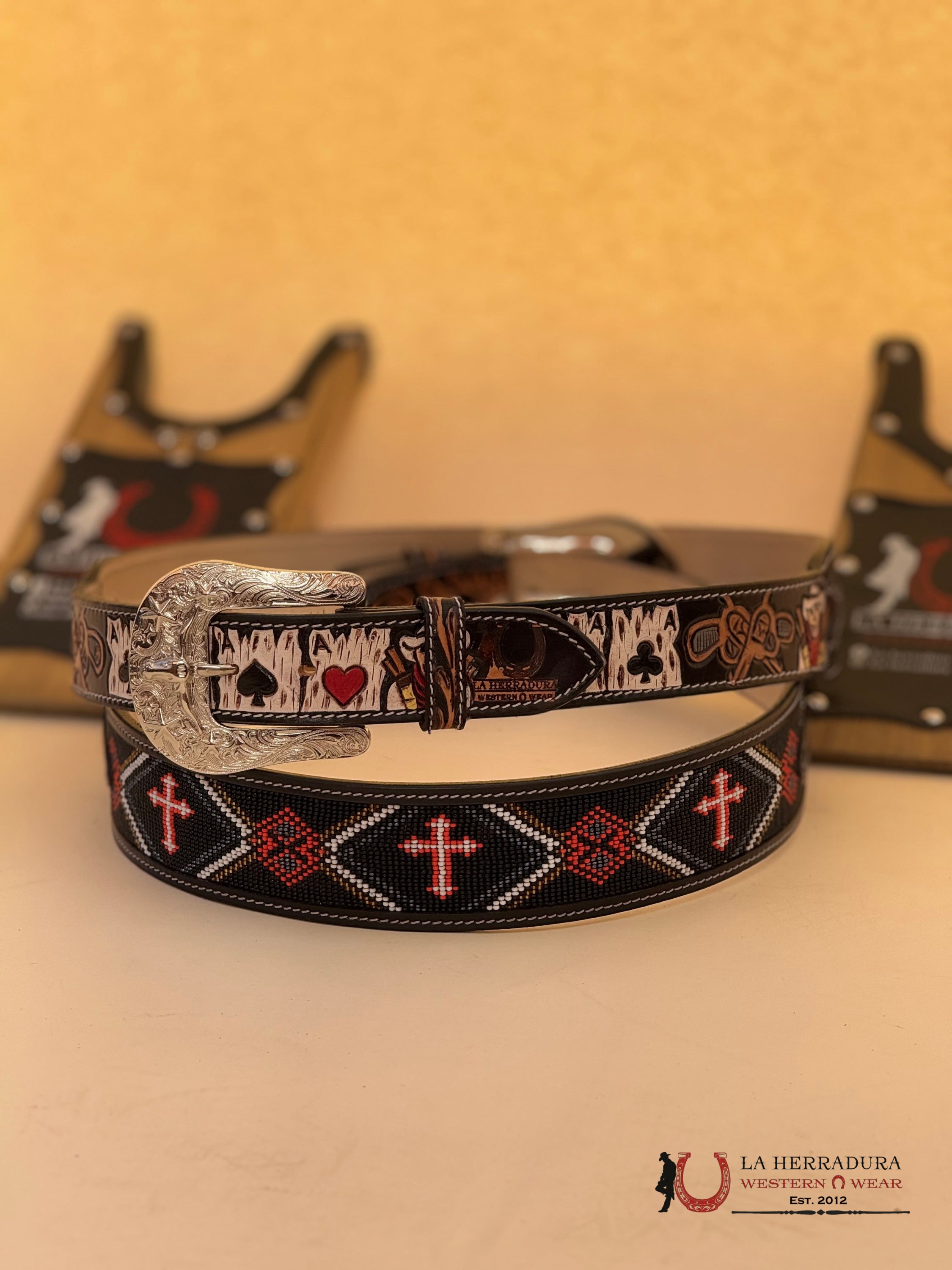 La Herradura Aztec Black Red Cross Handtooled New Design Belt Cinturones Hombres