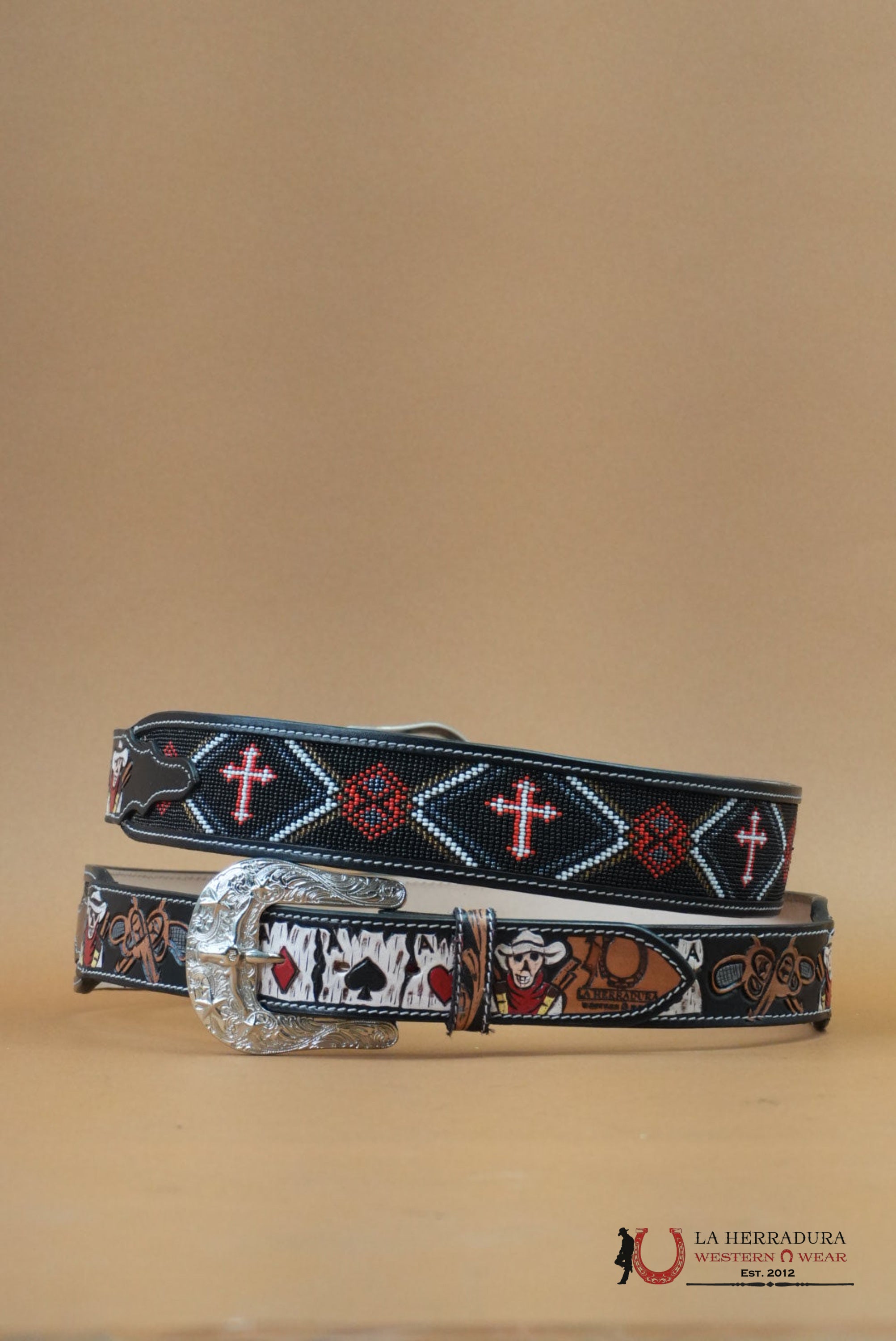LA HERRADURA AZTEC BLACK RED CROSS HANDTOOLED NEW DESIGN BELT CINTURONES HOMBRES