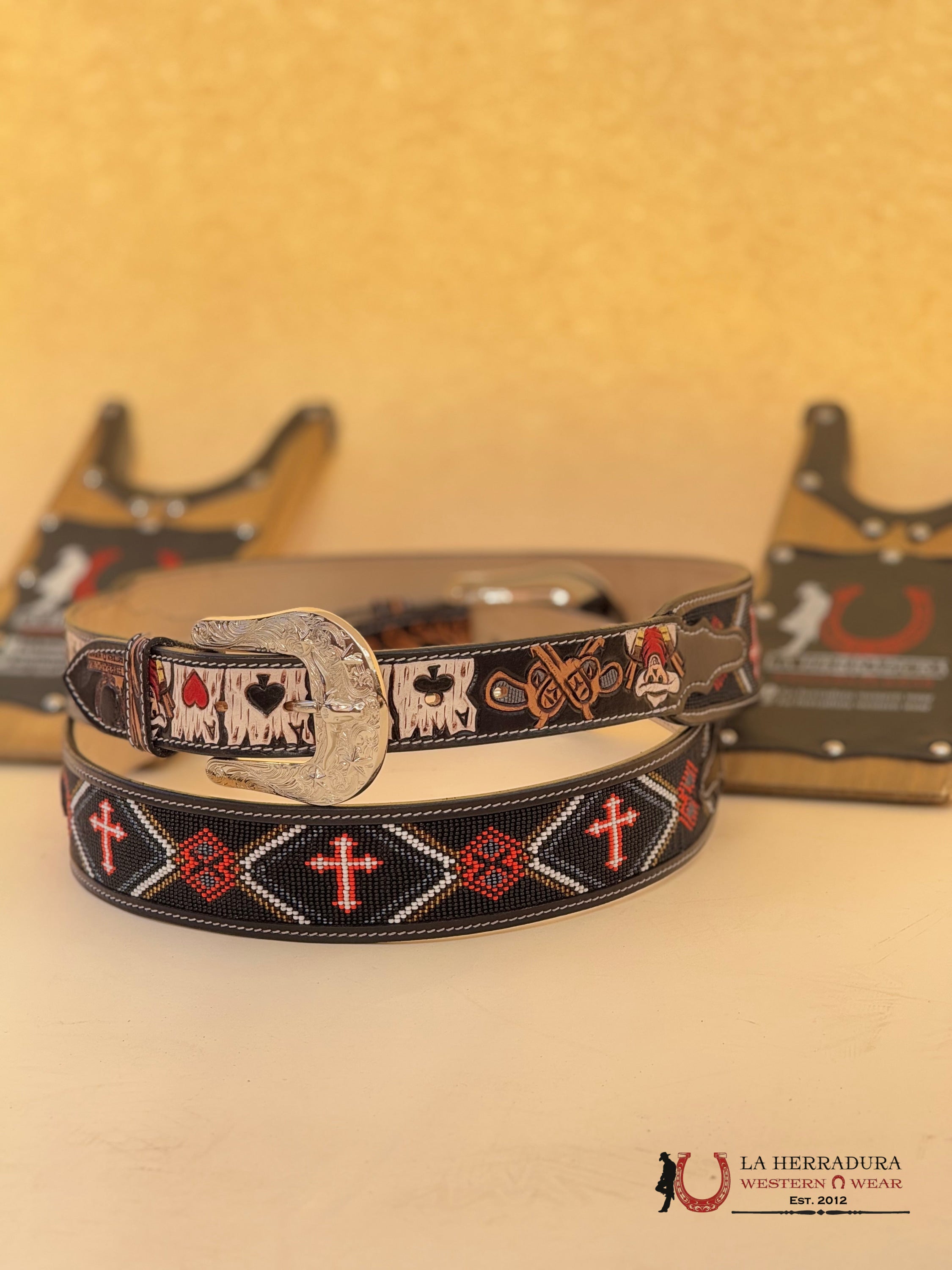 La Herradura Aztec Black Red Cross Handtooled New Design Belt Cinturones Hombres