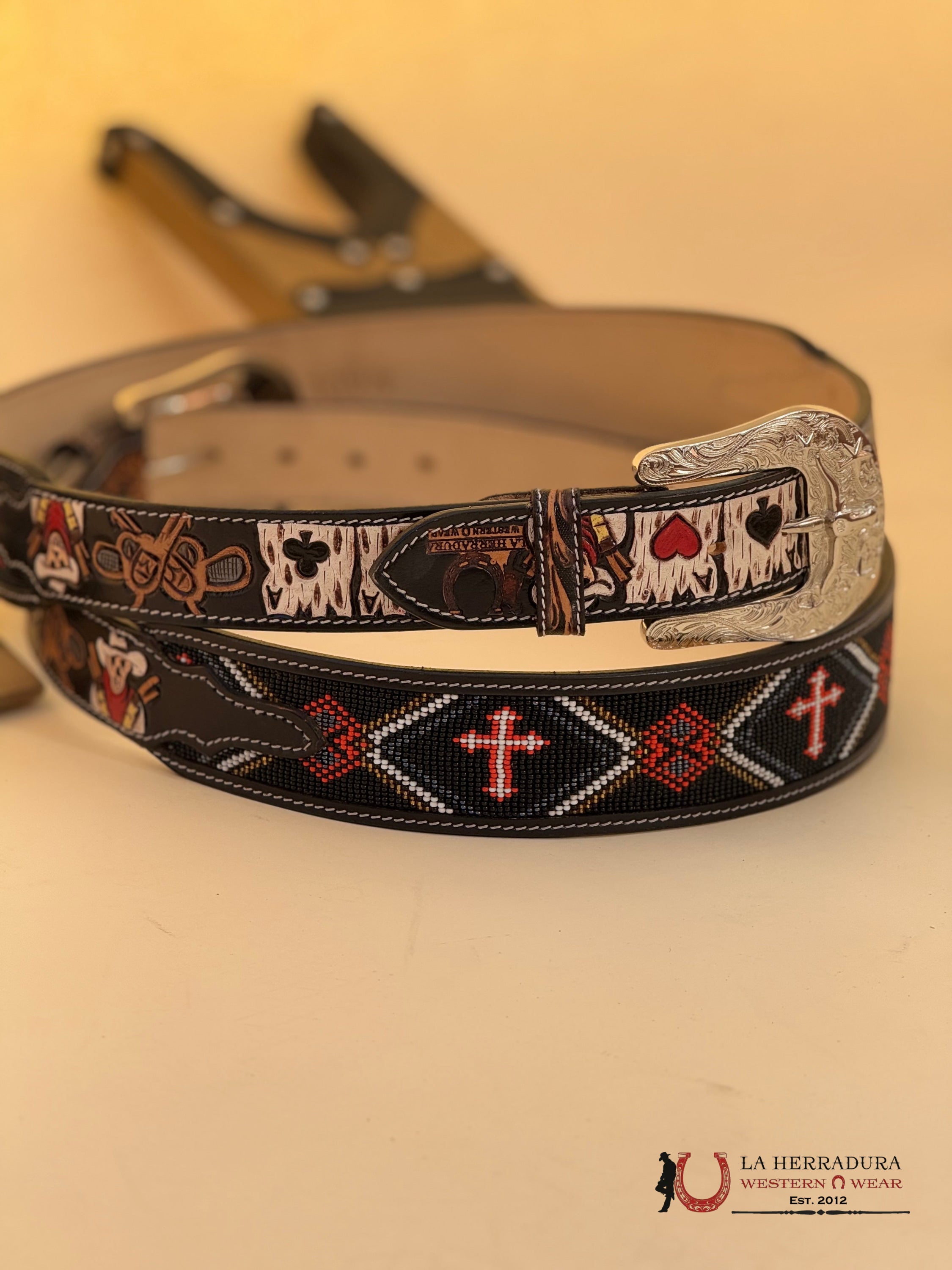 La Herradura Aztec Black Red Cross Handtooled New Design Belt Cinturones Hombres