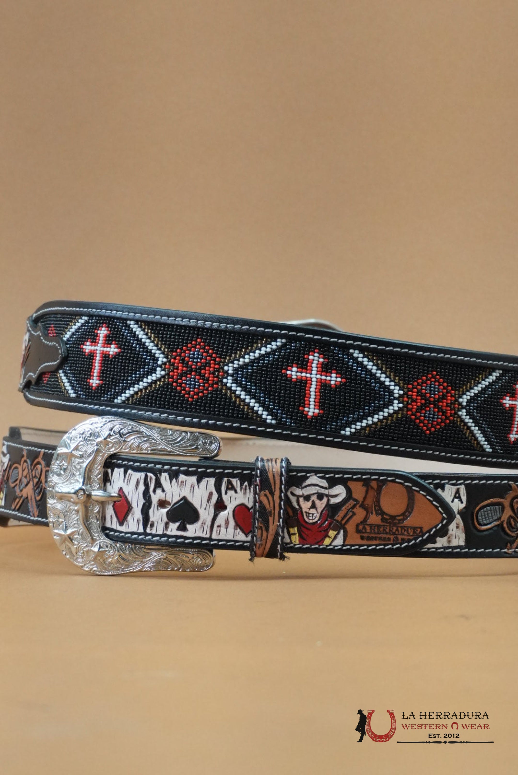 LA HERRADURA AZTEC BLACK RED CROSS HANDTOOLED NEW DESIGN BELT CINTURONES HOMBRES