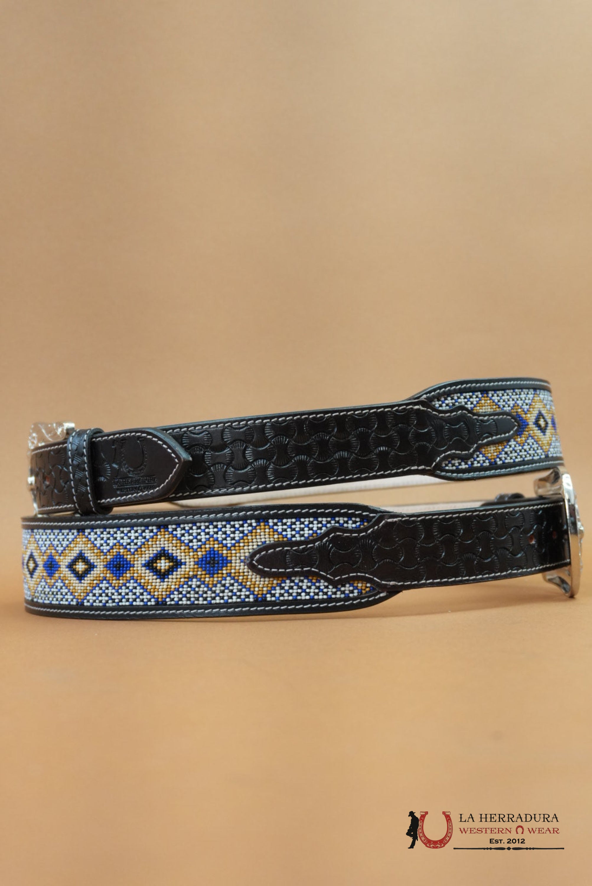 LA HERRADURA AZTEC BLUE GOLD HANDTOOLED NEW DESIGN BELT CINTURONES HOMBRES