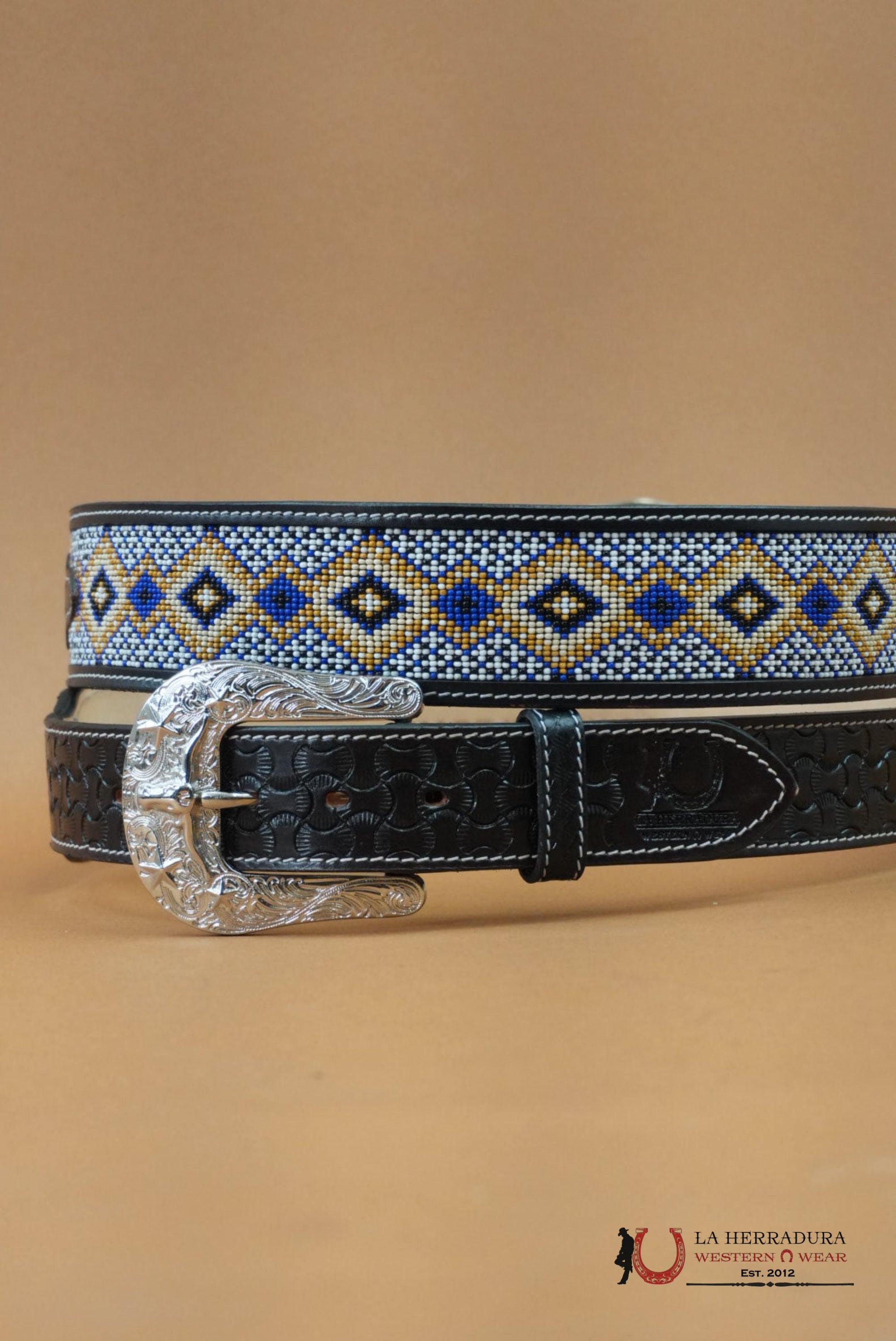 LA HERRADURA AZTEC BLUE GOLD HANDTOOLED NEW DESIGN BELT CINTURONES HOMBRES