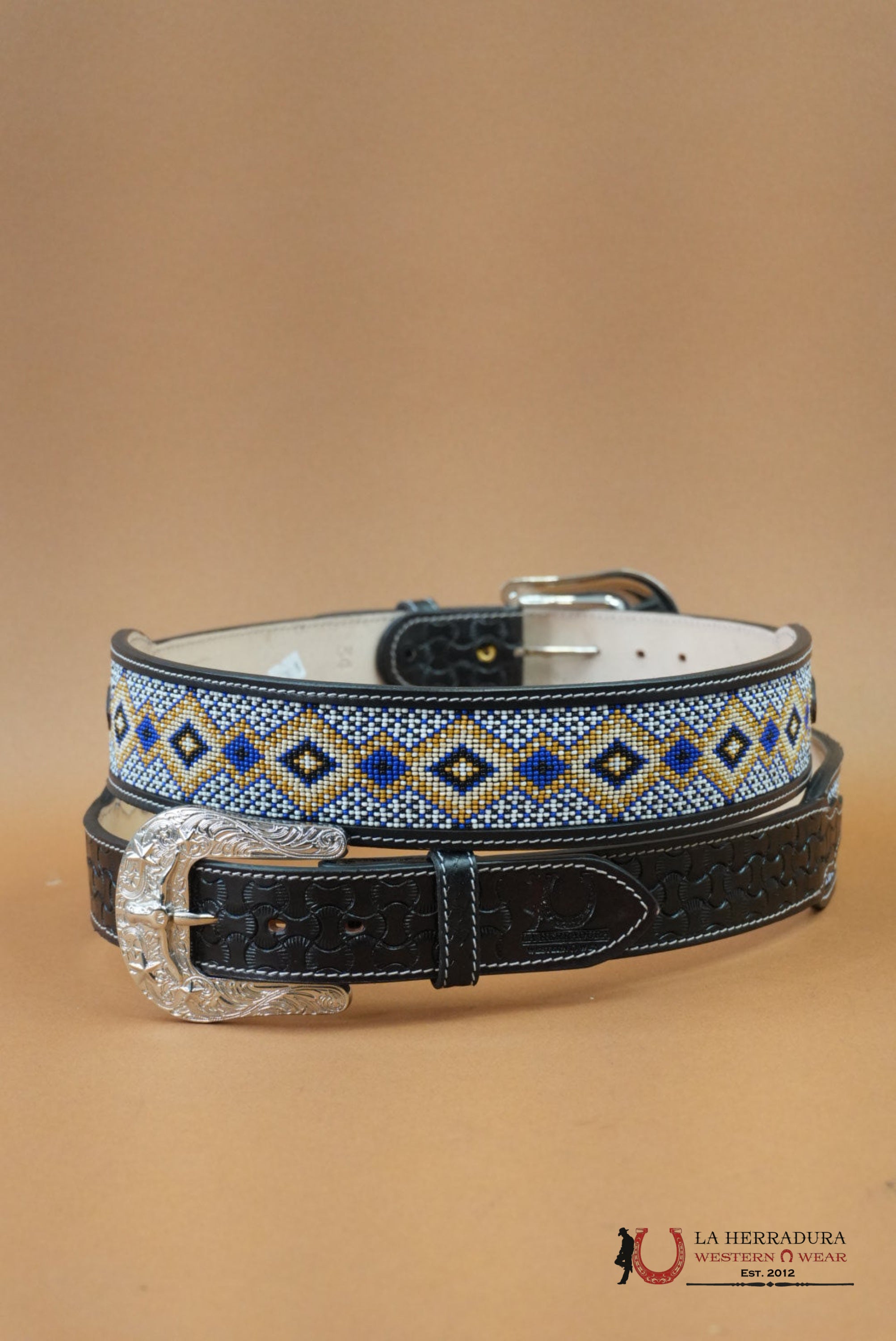 LA HERRADURA AZTEC BLUE GOLD HANDTOOLED NEW DESIGN BELT CINTURONES HOMBRES