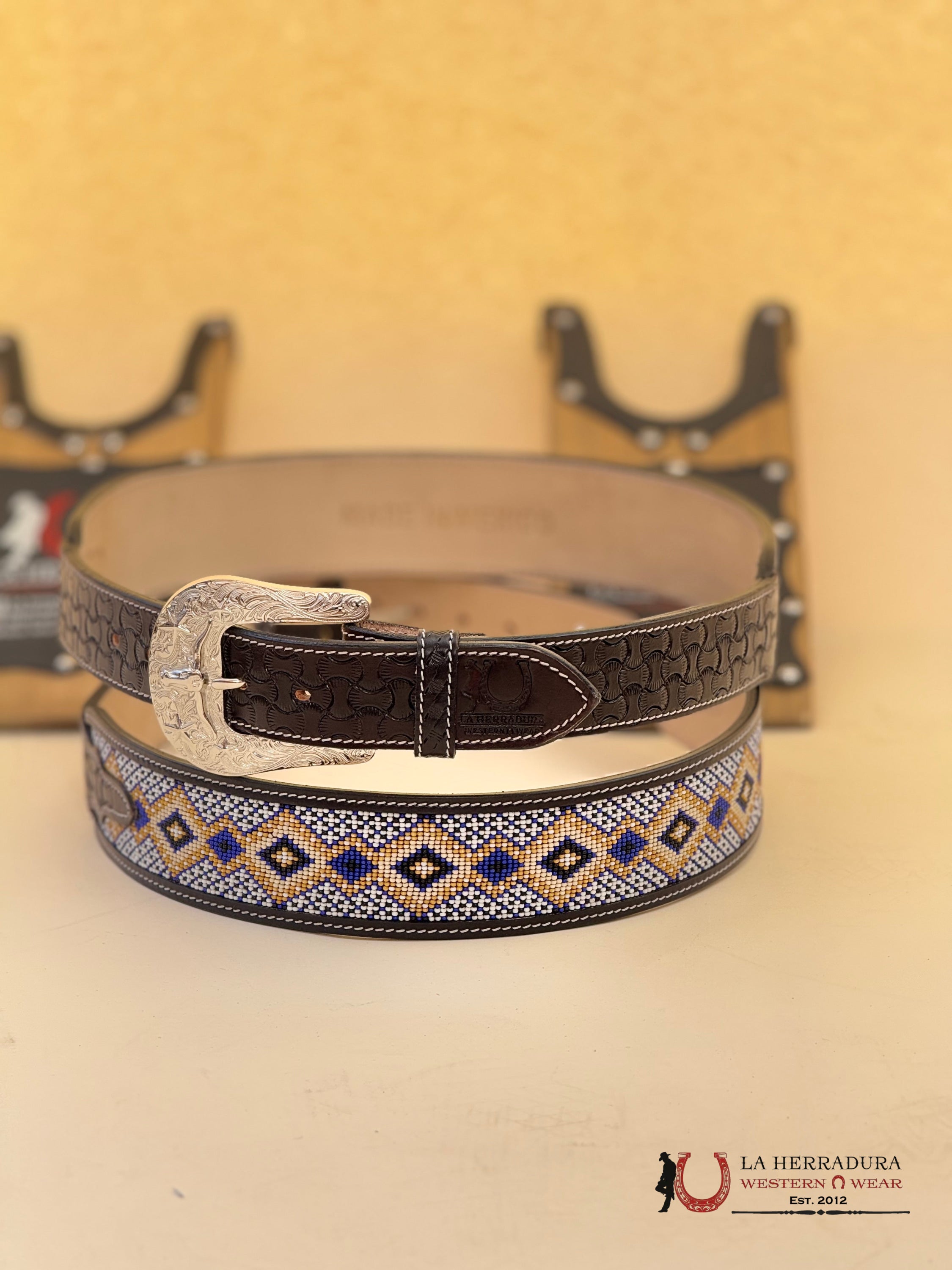 La Herradura Aztec Blue Gold Handtooled New Design Belt Cinturones Hombres