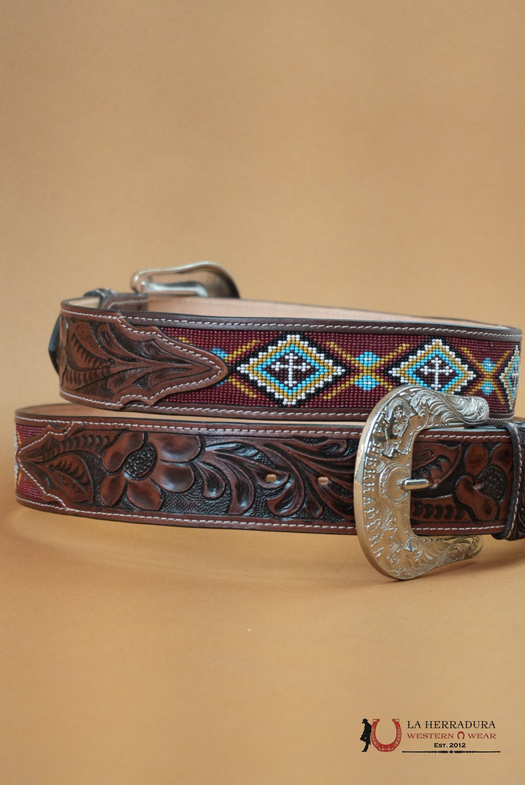 LA HERRADURA AZTEC BROWN HANDTOOLED 2 INCH BELT CINTURONES HOMBRES