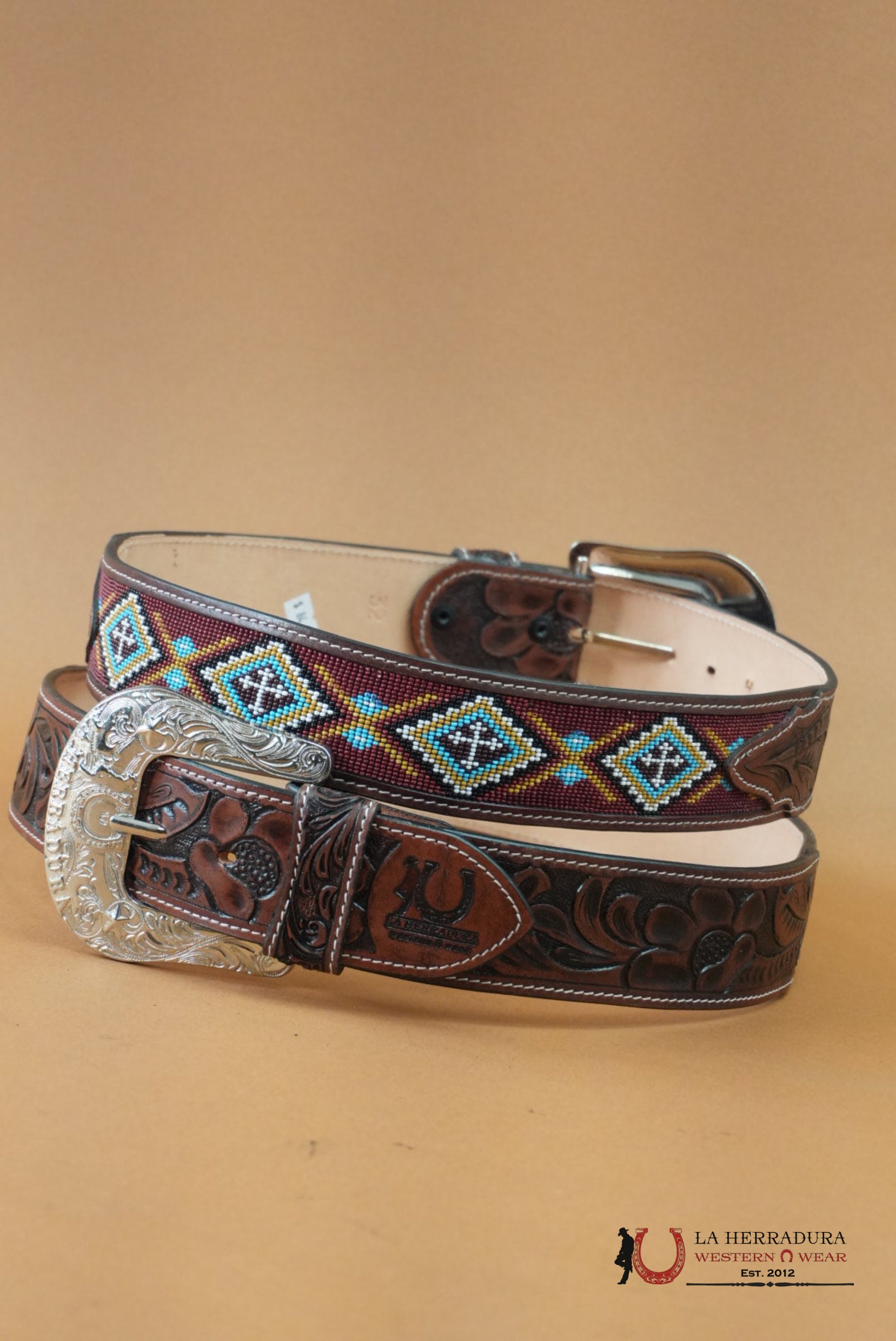 LA HERRADURA AZTEC BROWN HANDTOOLED 2 INCH BELT CINTURONES HOMBRES