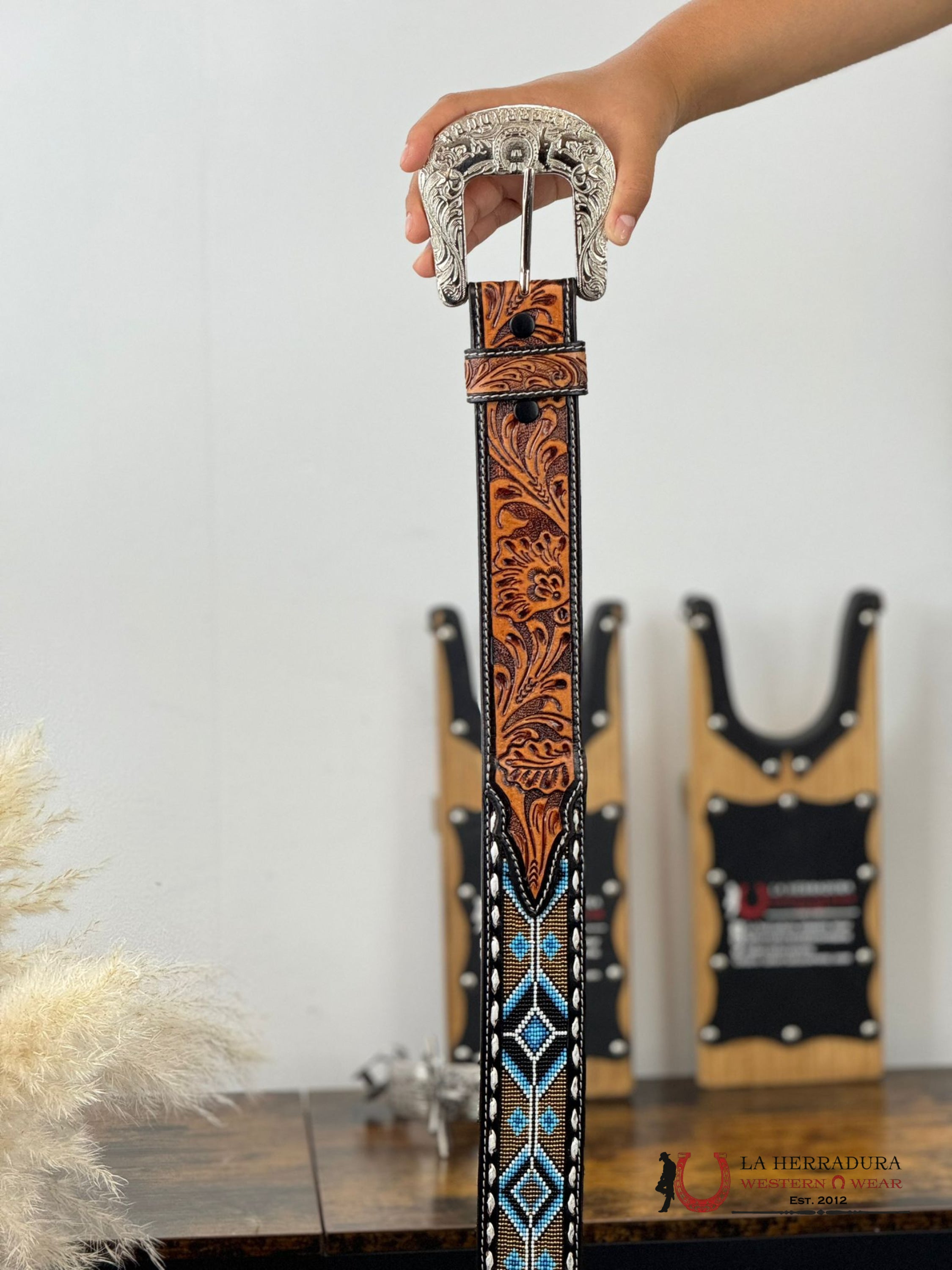 La Herradura Aztec Navy Sky Blue Handtooled 2 Inch Belt 34 Only Belt Cinturones Hombres