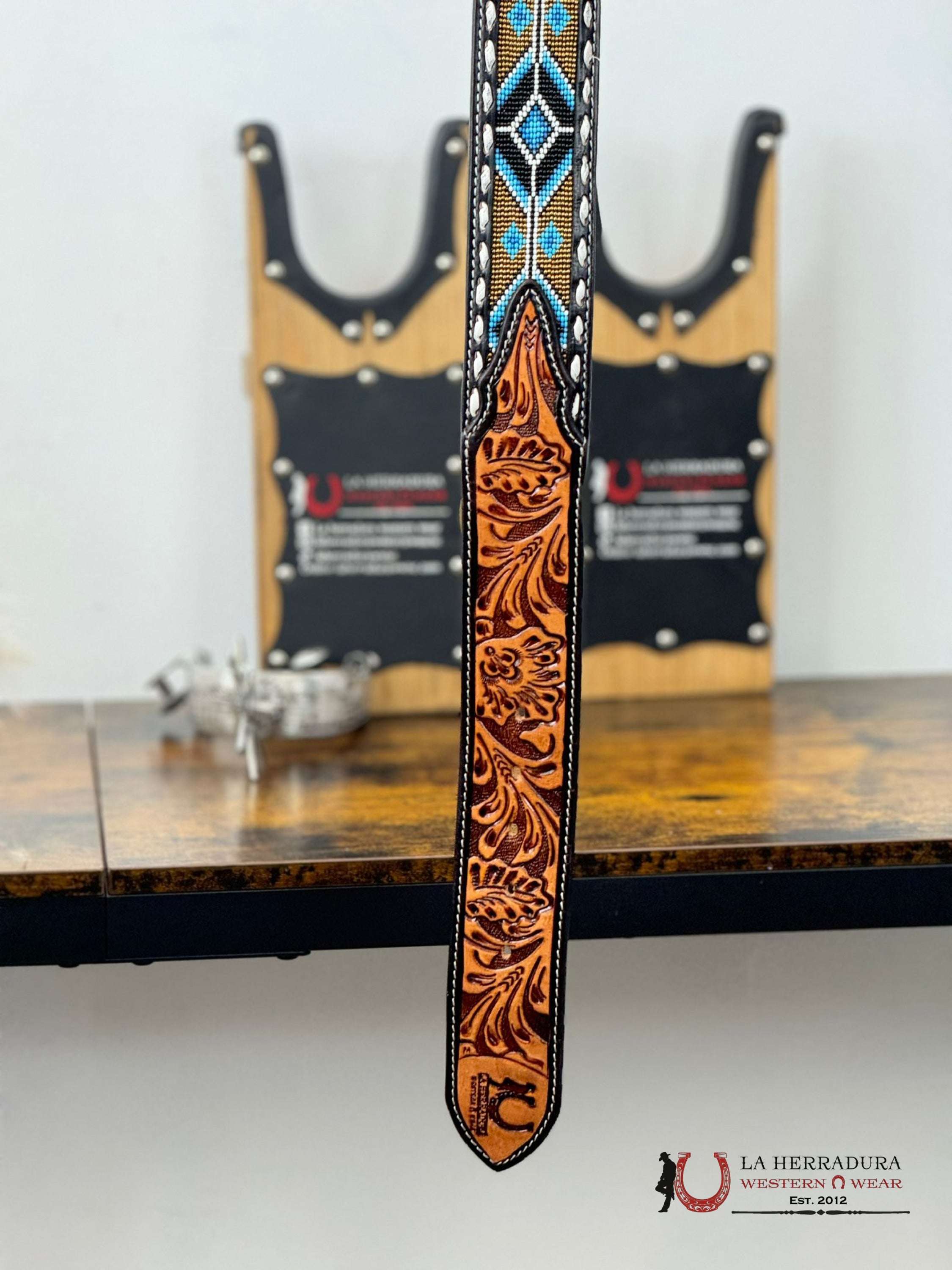 La Herradura Aztec Navy Sky Blue Handtooled 2 Inch Belt Cinturones Hombres