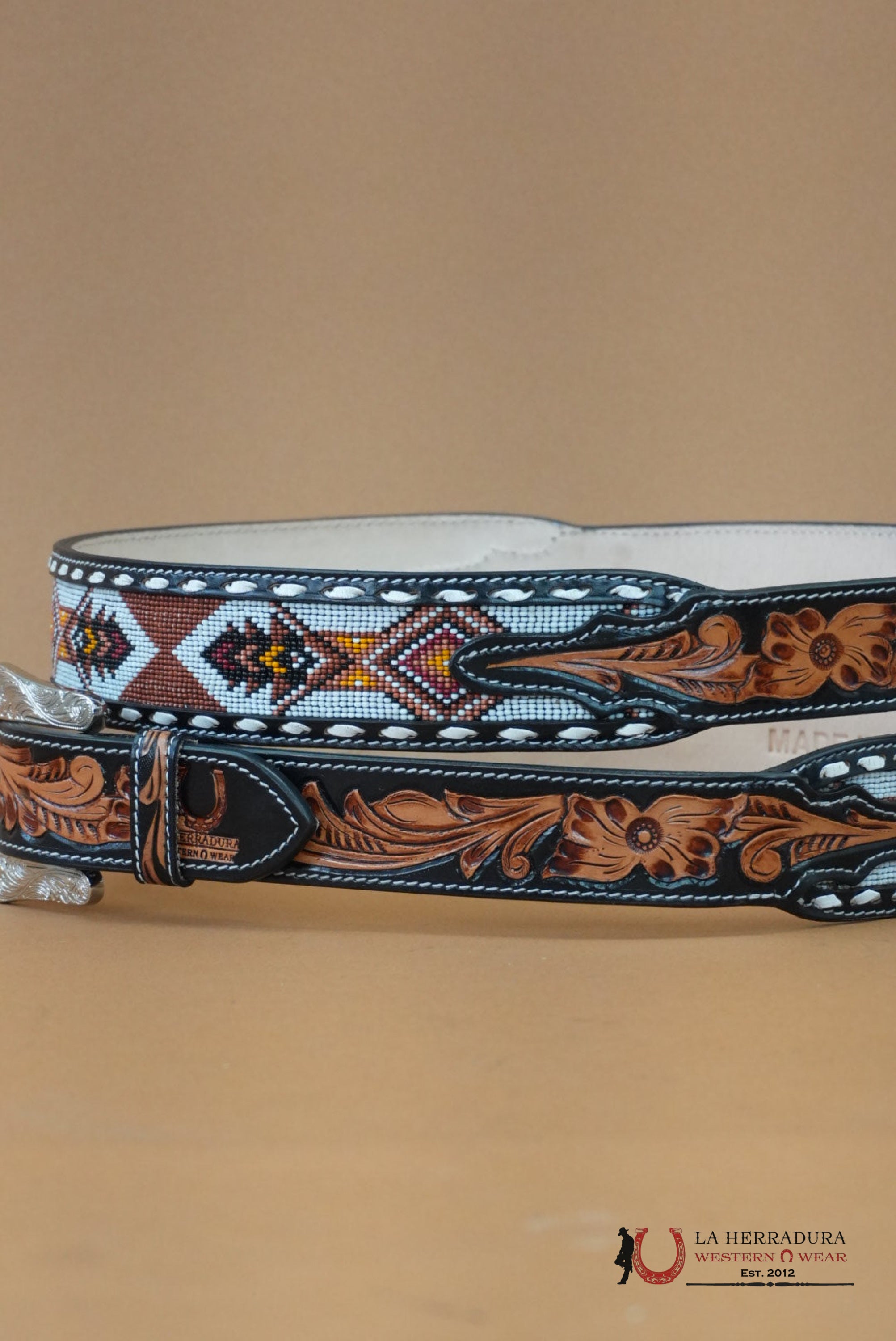 LA HERRADURA AZTEC ORANGE WHITE HANDTOOLED NEW DESIGN BELT CINTURONES HOMBRES