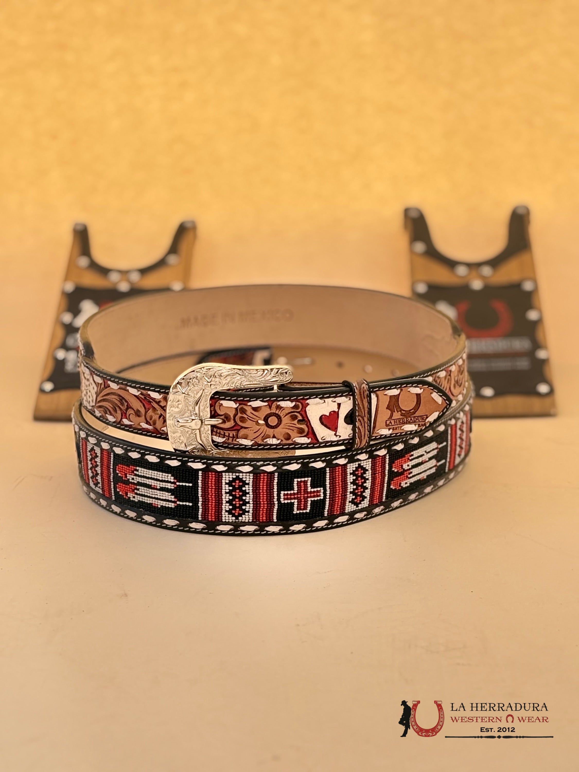 La Herradura Aztec Red Black Cards&Cross Handtooled New Design Belt Cinturones Hombres