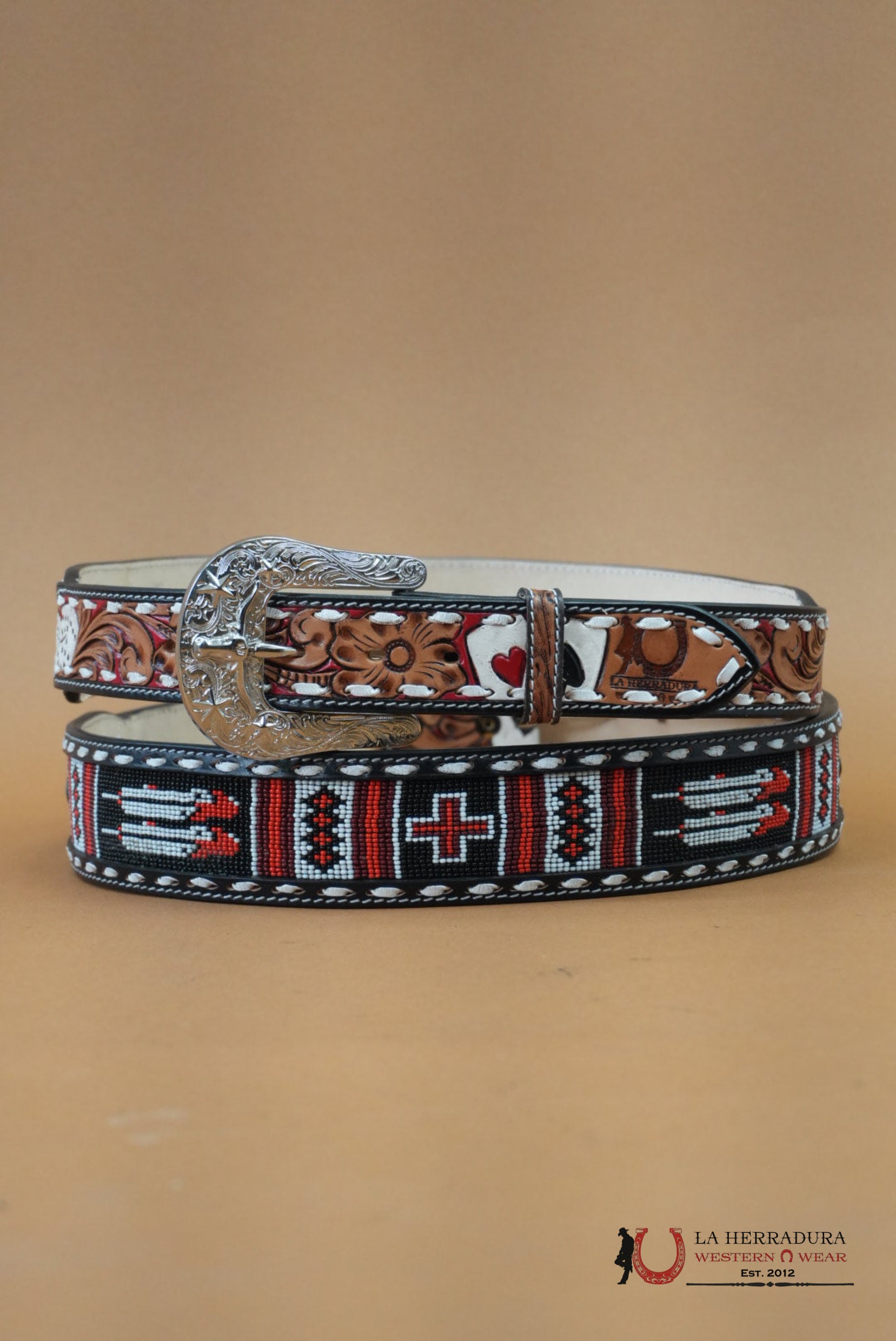 LA HERRADURA AZTEC RED BLACK CARDS&CROSS HANDTOOLED NEW DESIGN BELT CINTURONES HOMBRES