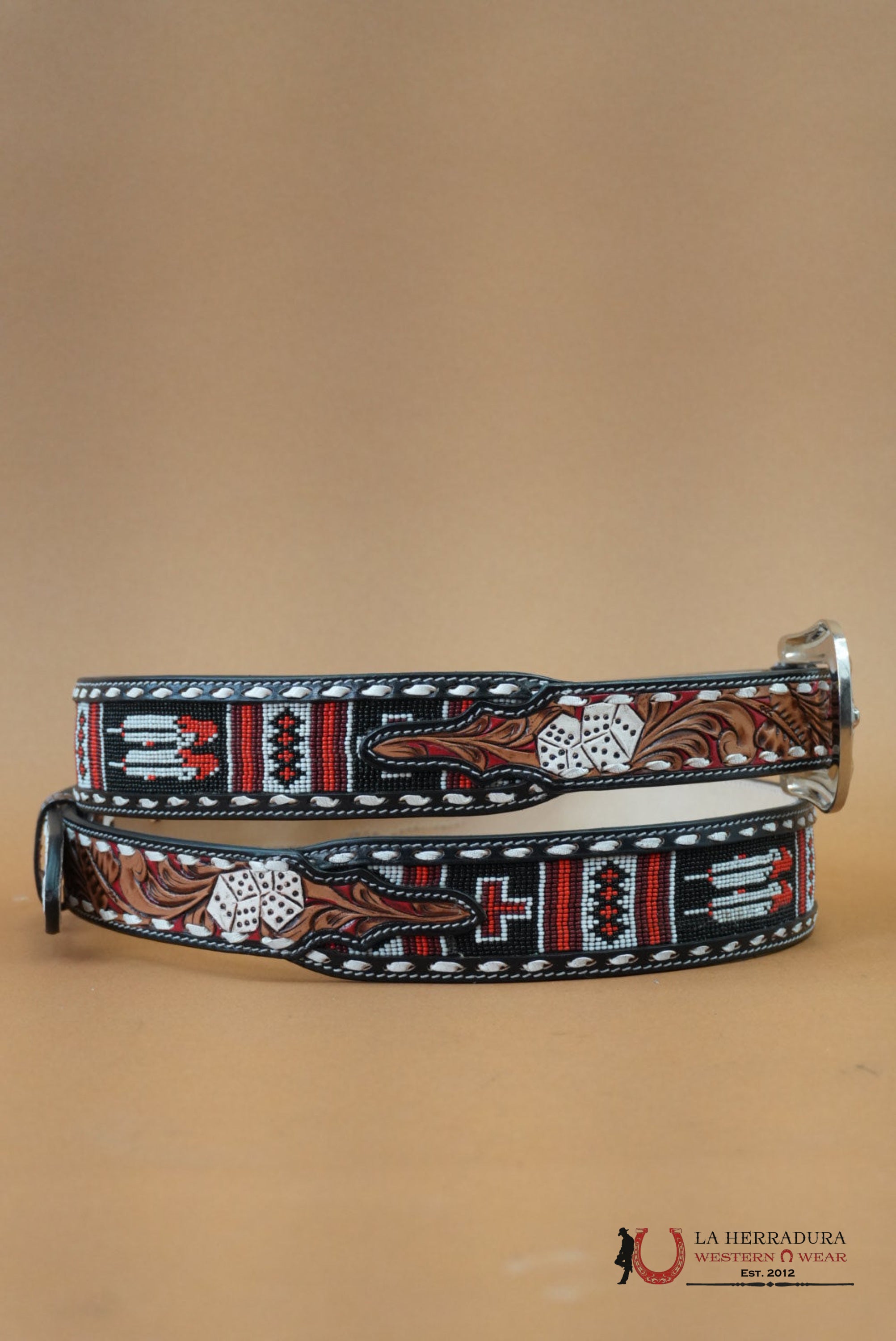 LA HERRADURA AZTEC RED BLACK CARDS&CROSS HANDTOOLED NEW DESIGN BELT CINTURONES HOMBRES