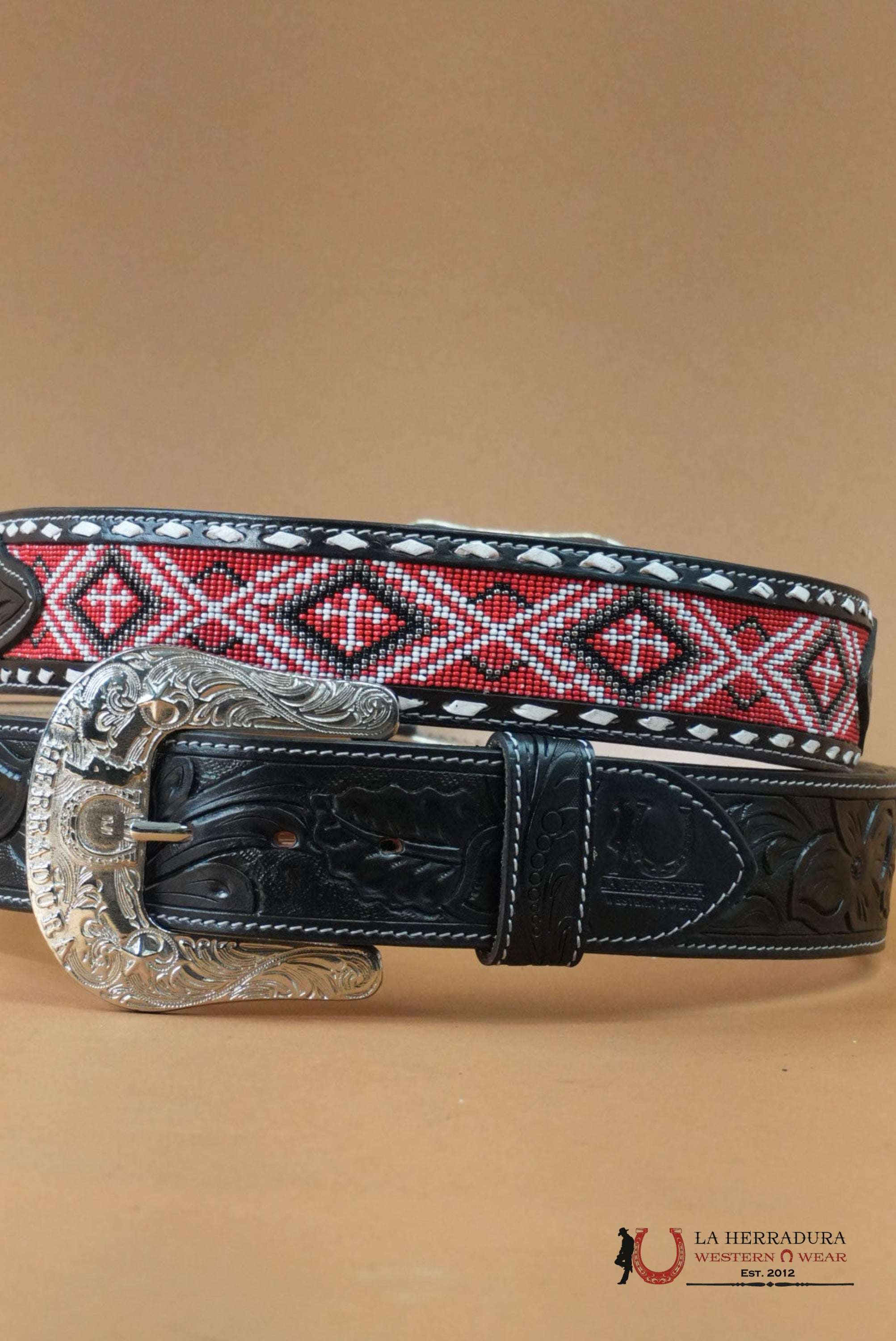 LA HERRADURA AZTEC RED HANDTOOLED 2 INCH BELT CINTURONES HOMBRES
