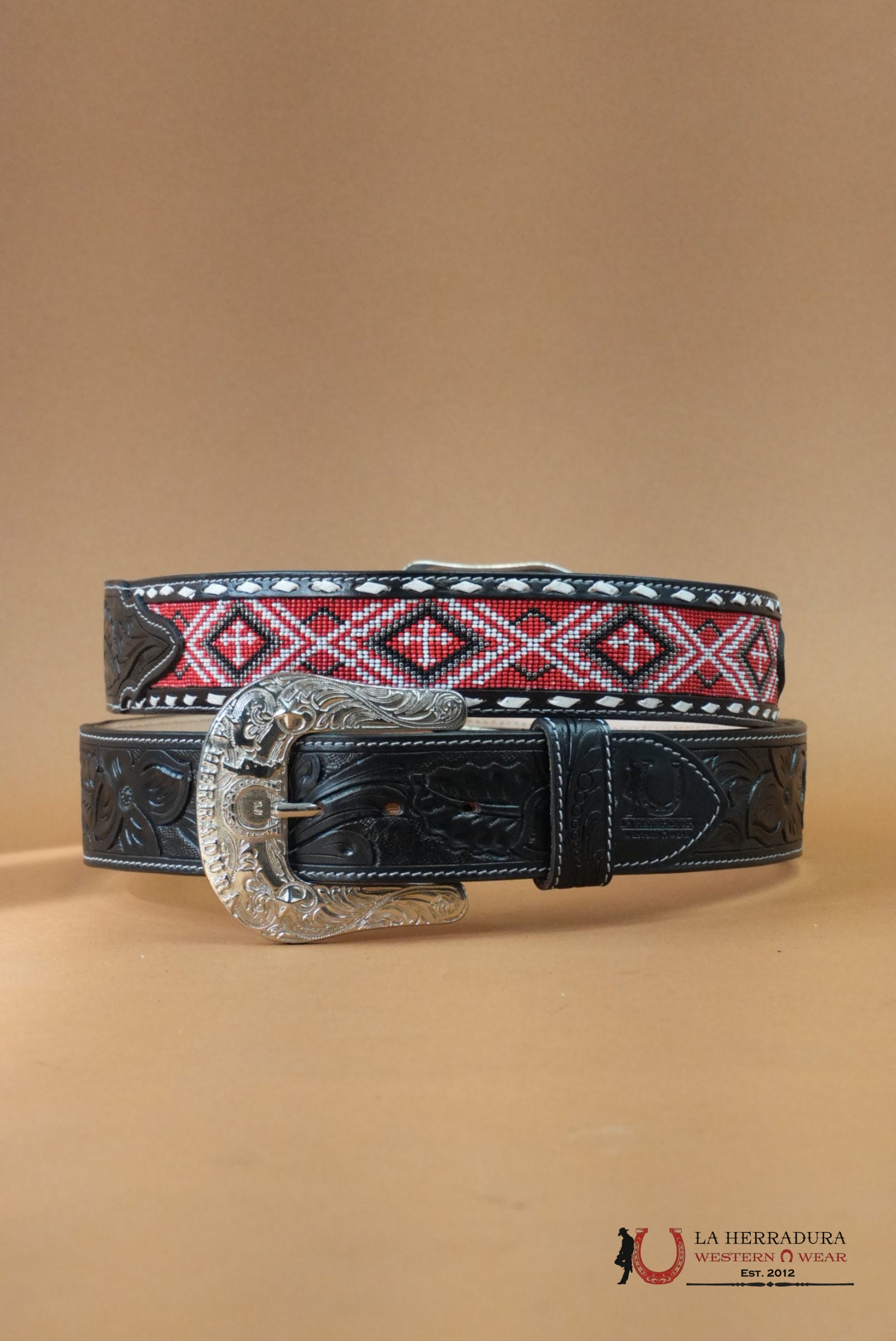 LA HERRADURA AZTEC RED HANDTOOLED 2 INCH BELT CINTURONES HOMBRES