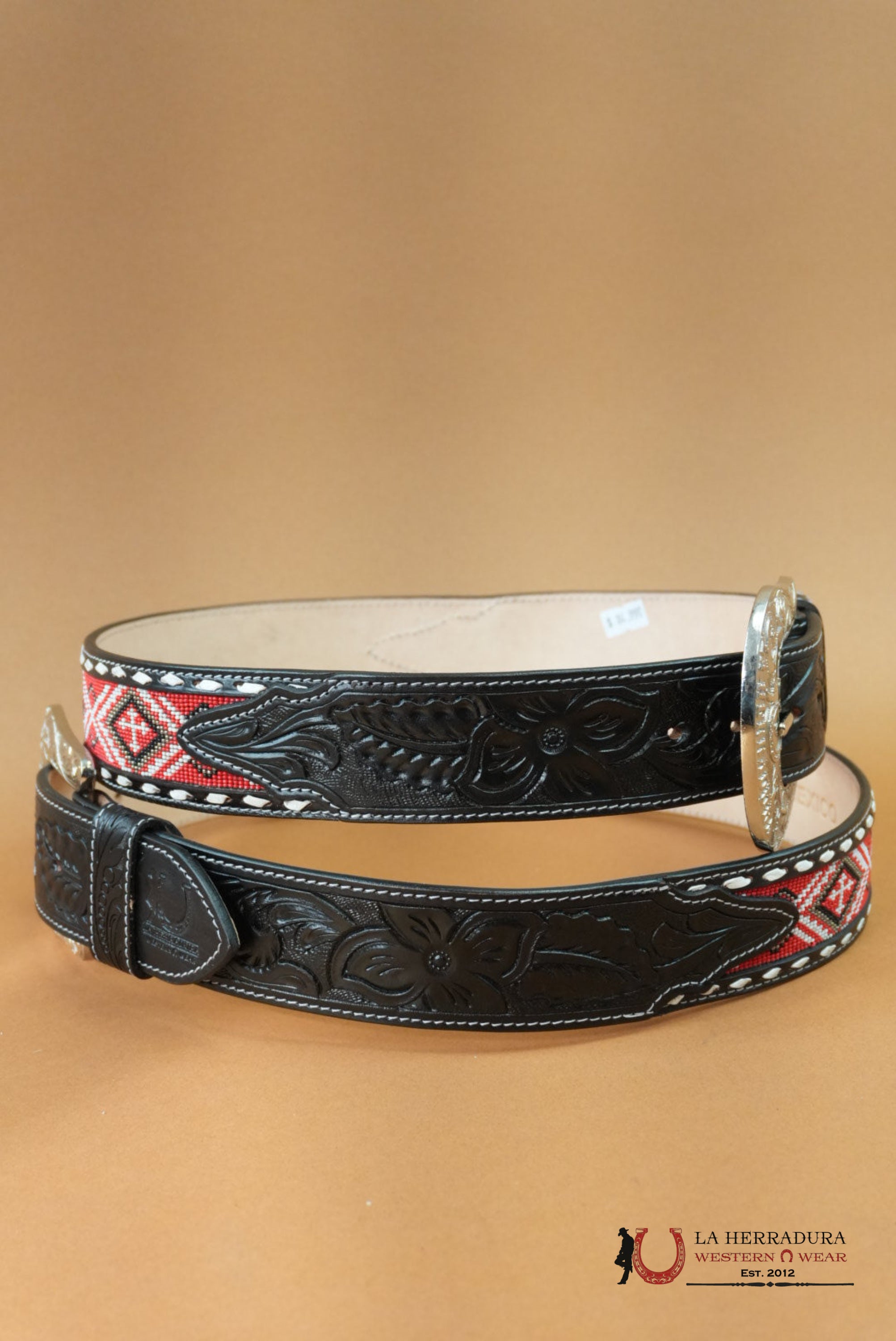 LA HERRADURA AZTEC RED HANDTOOLED 2 INCH BELT CINTURONES HOMBRES
