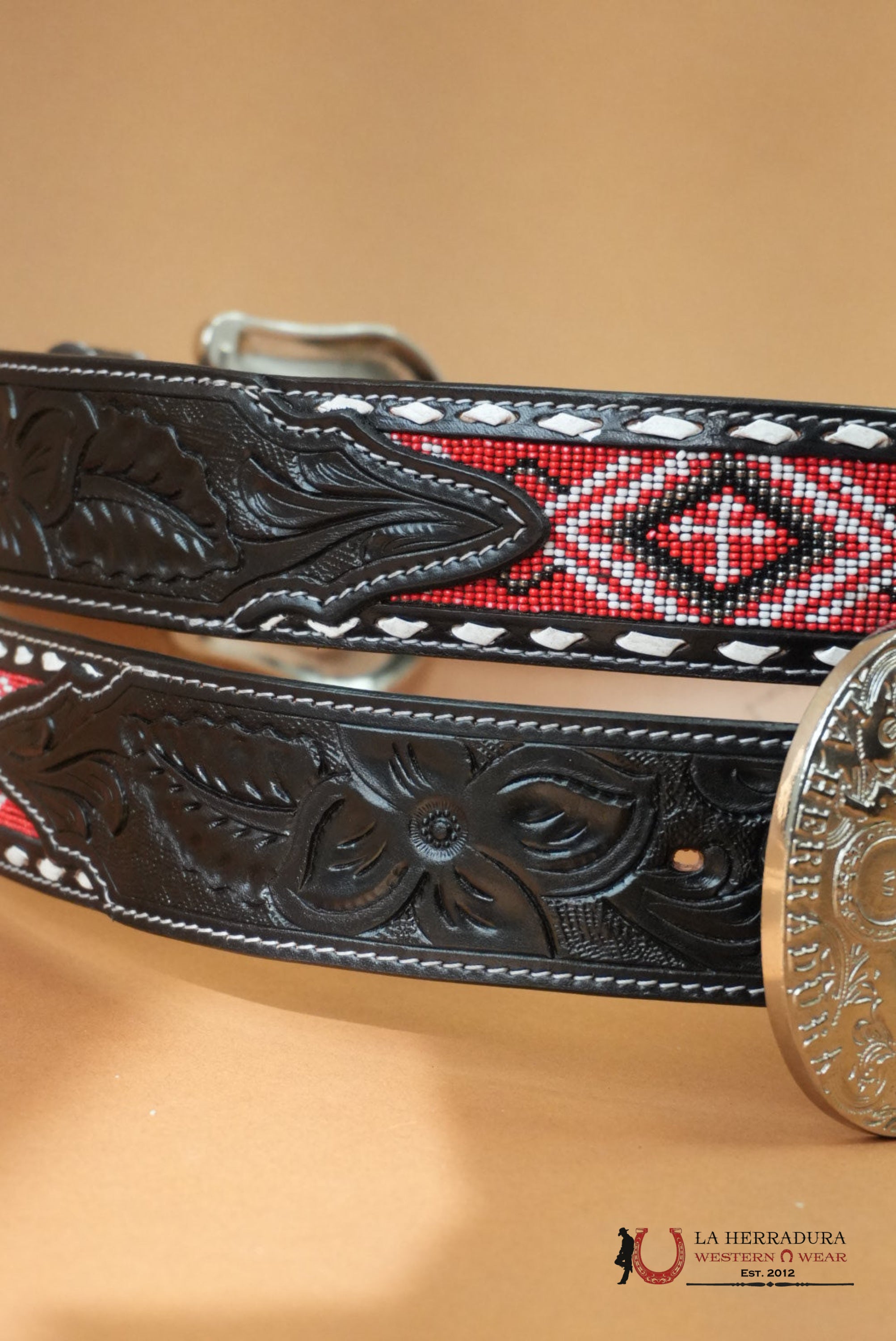LA HERRADURA AZTEC RED HANDTOOLED 2 INCH BELT CINTURONES HOMBRES