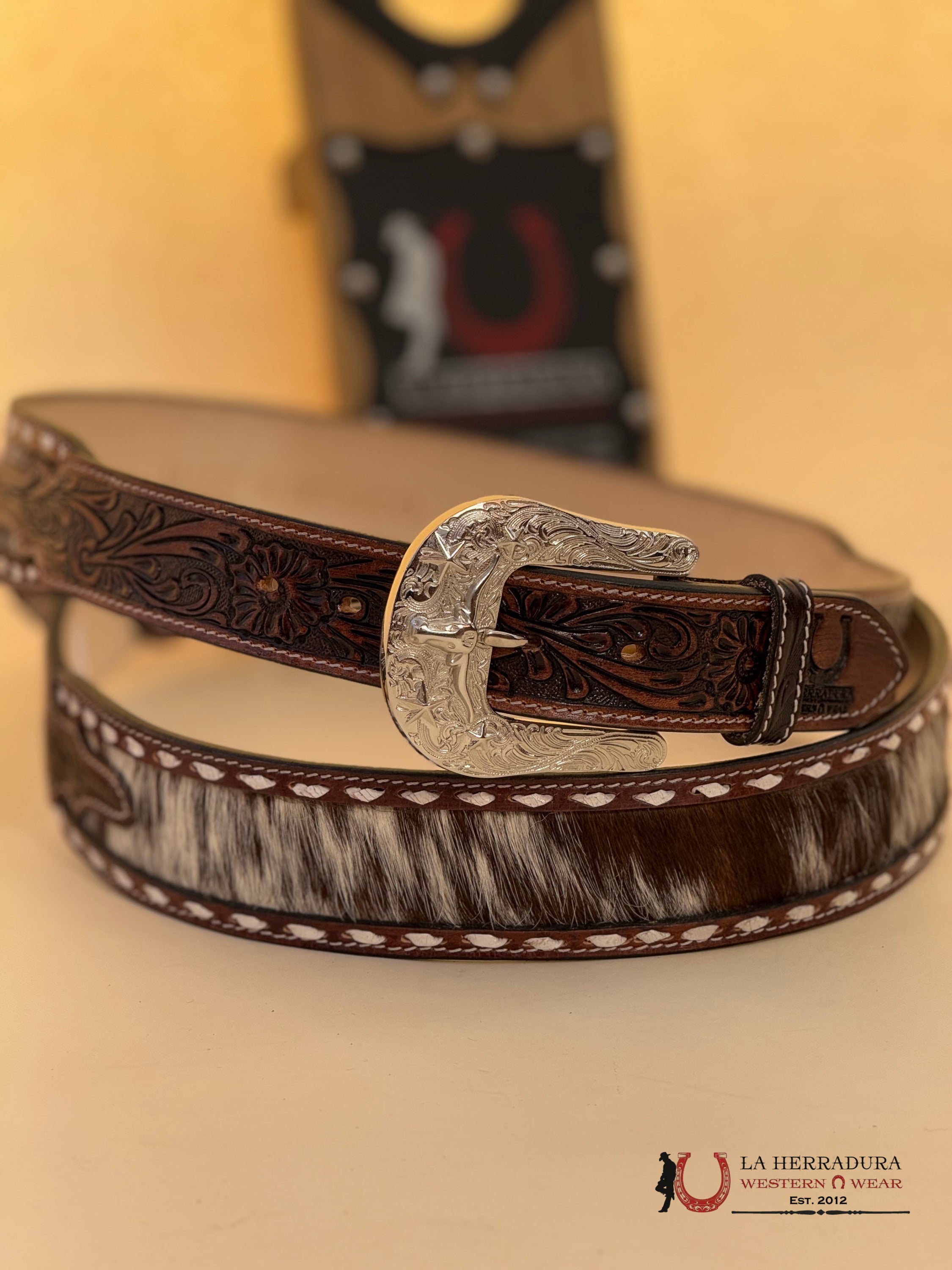 La Herradura Brown Cowhide Handtooled New Design Belt Cinturones Hombres