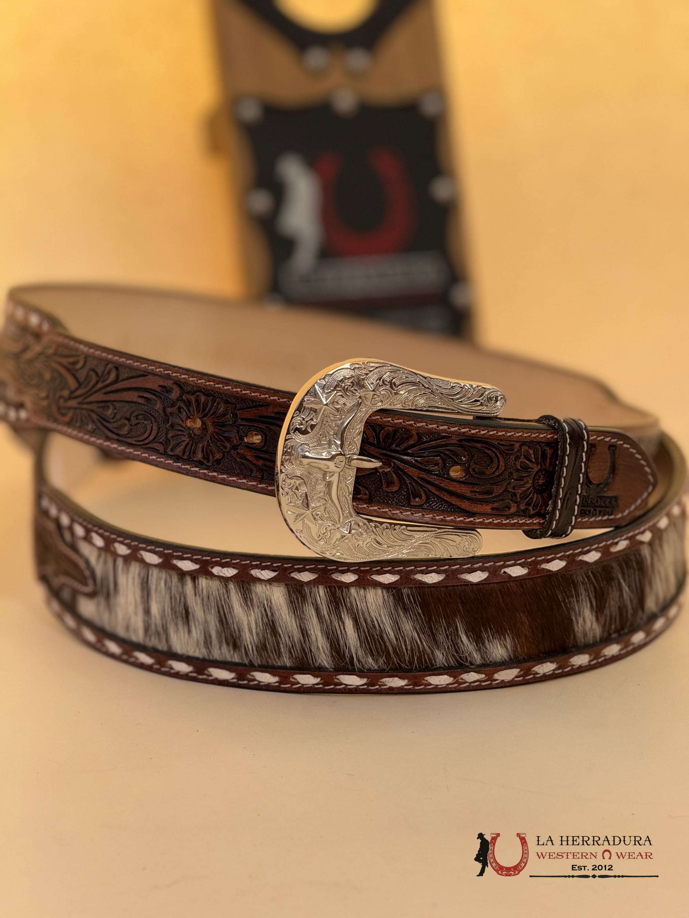 La Herradura Brown Cowhide Handtooled New Design Belt Cinturones Hombres