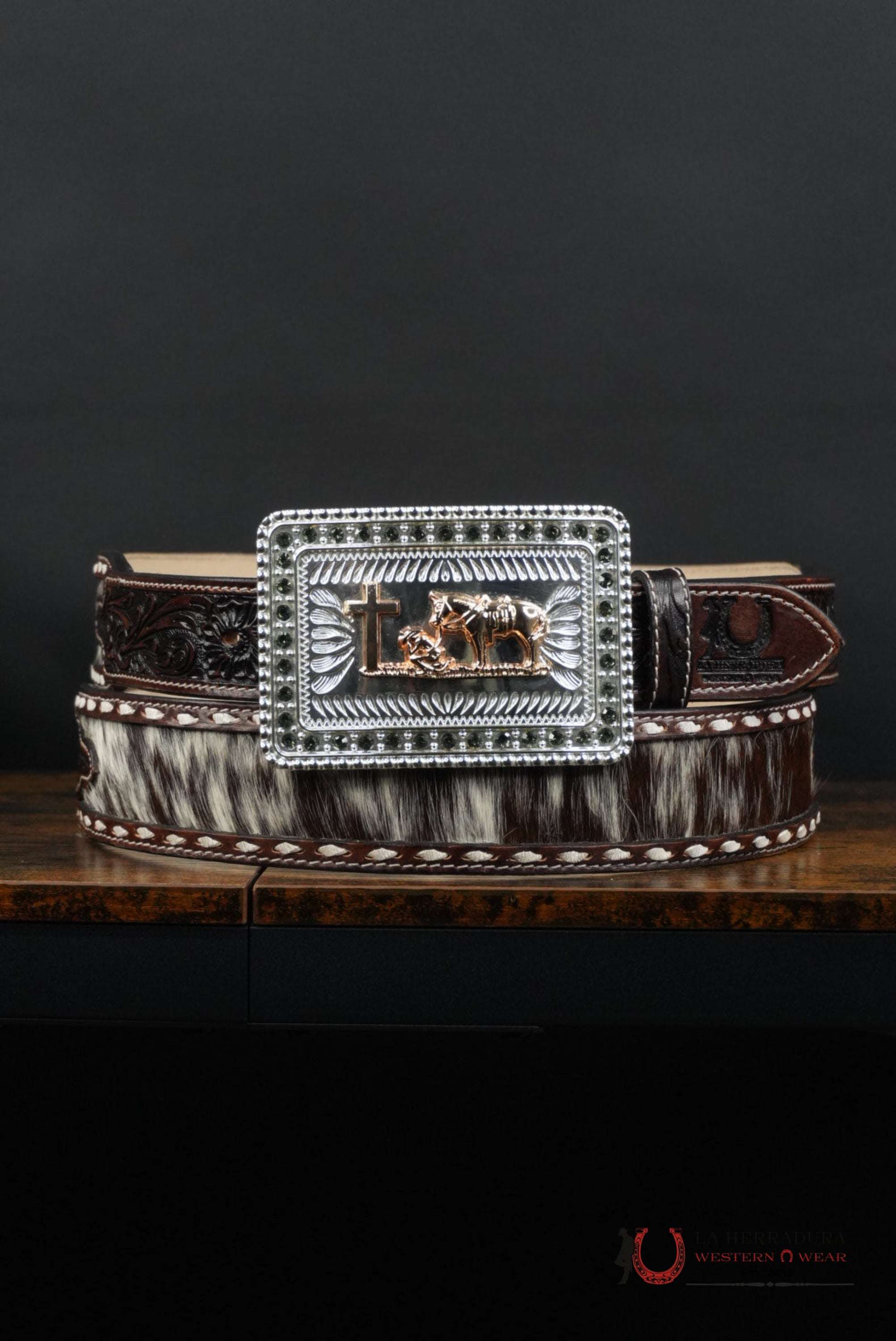 LA HERRADURA BROWN COWHIDE HANDTOOLED NEW DESIGN BELT CINTURONES HOMBRES