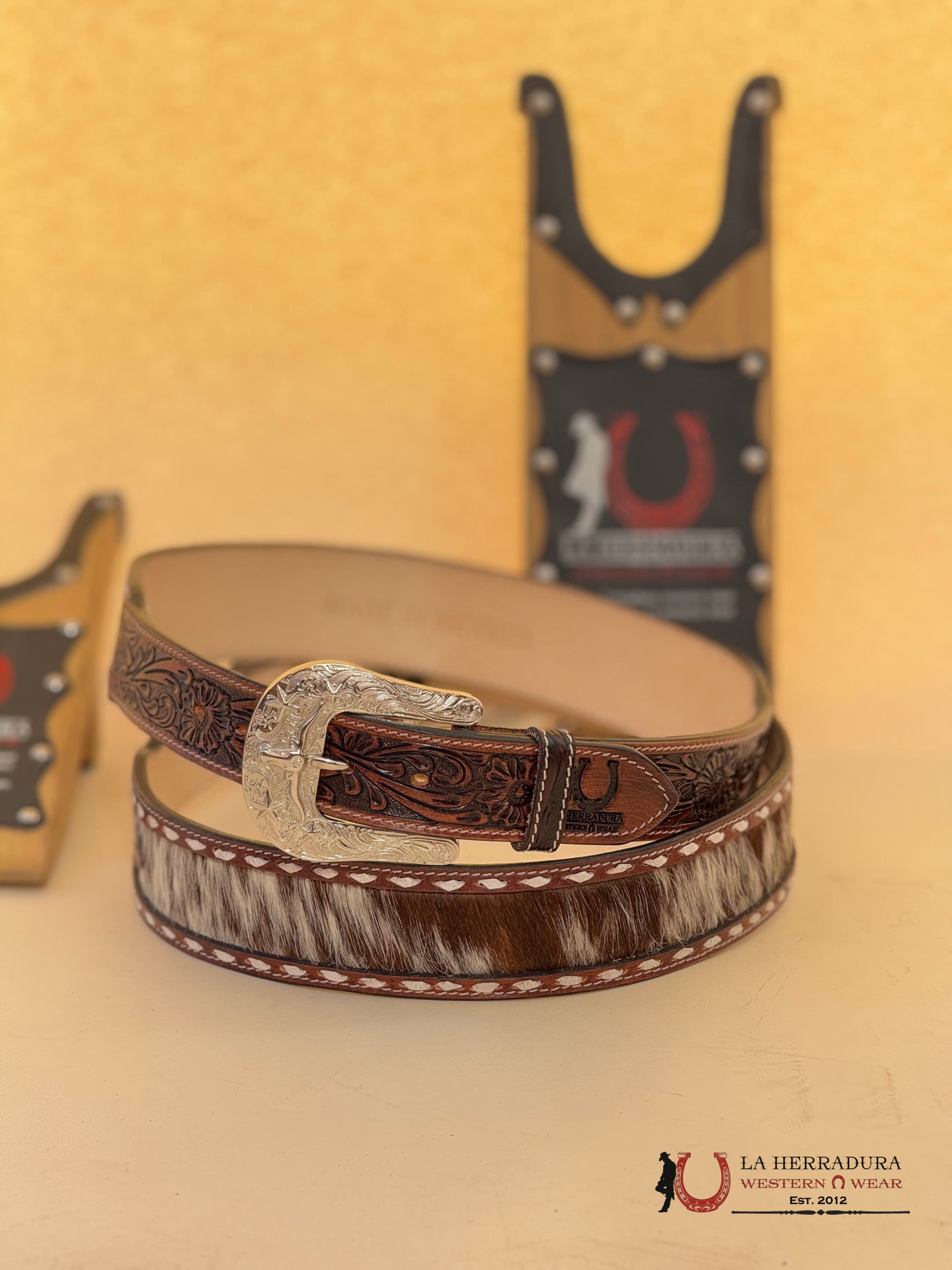 La Herradura Brown Cowhide Handtooled New Design Belt Cinturones Hombres