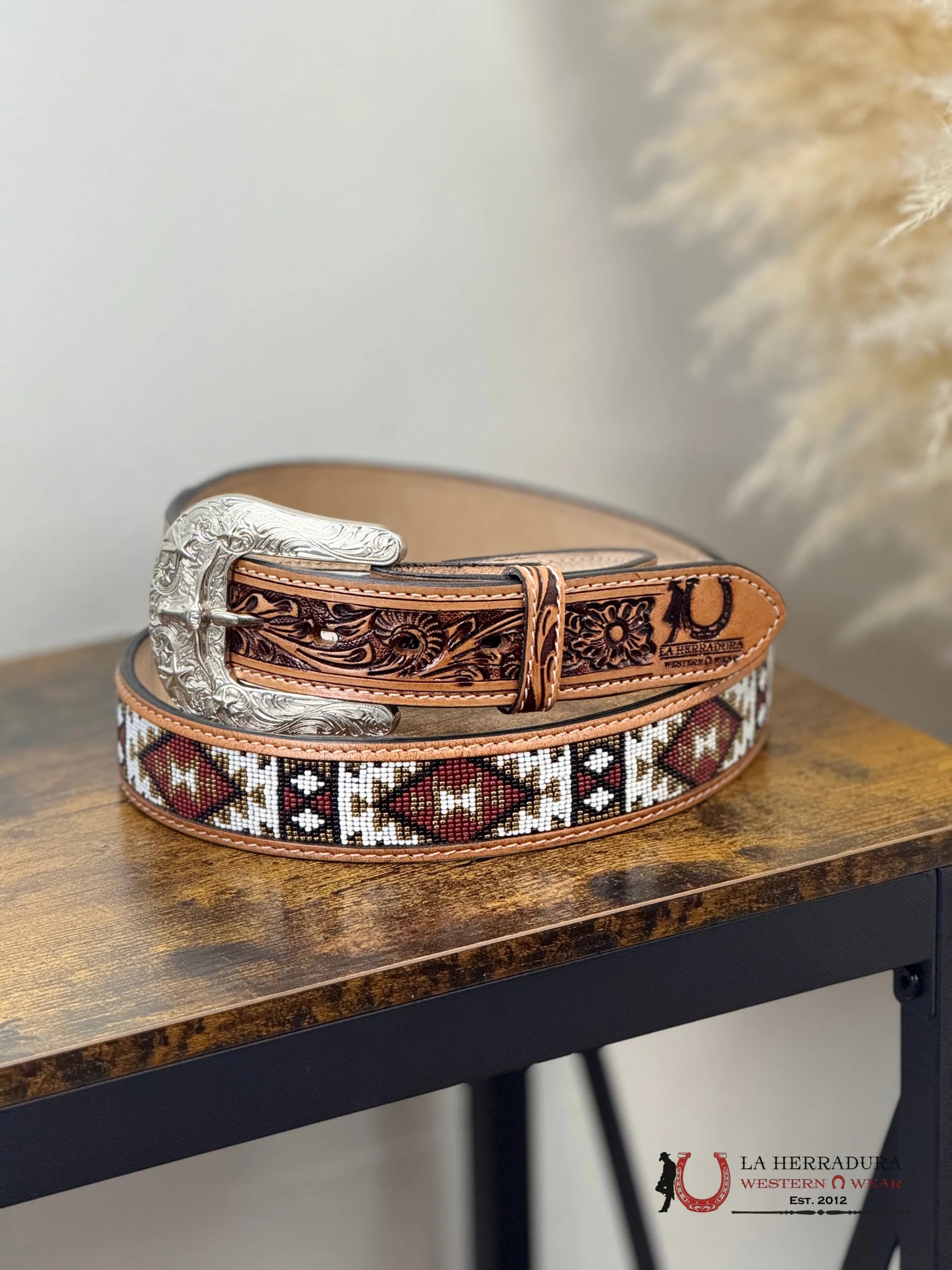 LA HERRADURA DARK BROWN HAND TOOLED PRINT W/ BEADED STYLE RED/GOLD CINTURONES HOMBRES