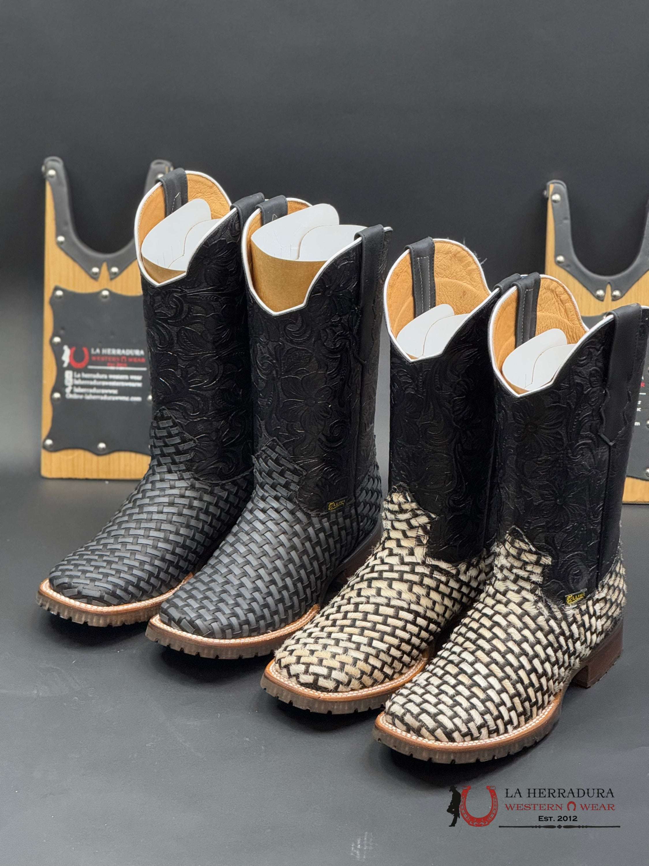 La Herradura Cow Hide Tejido Pelos Blanco Negro Square Toe Boots Botas Hombres