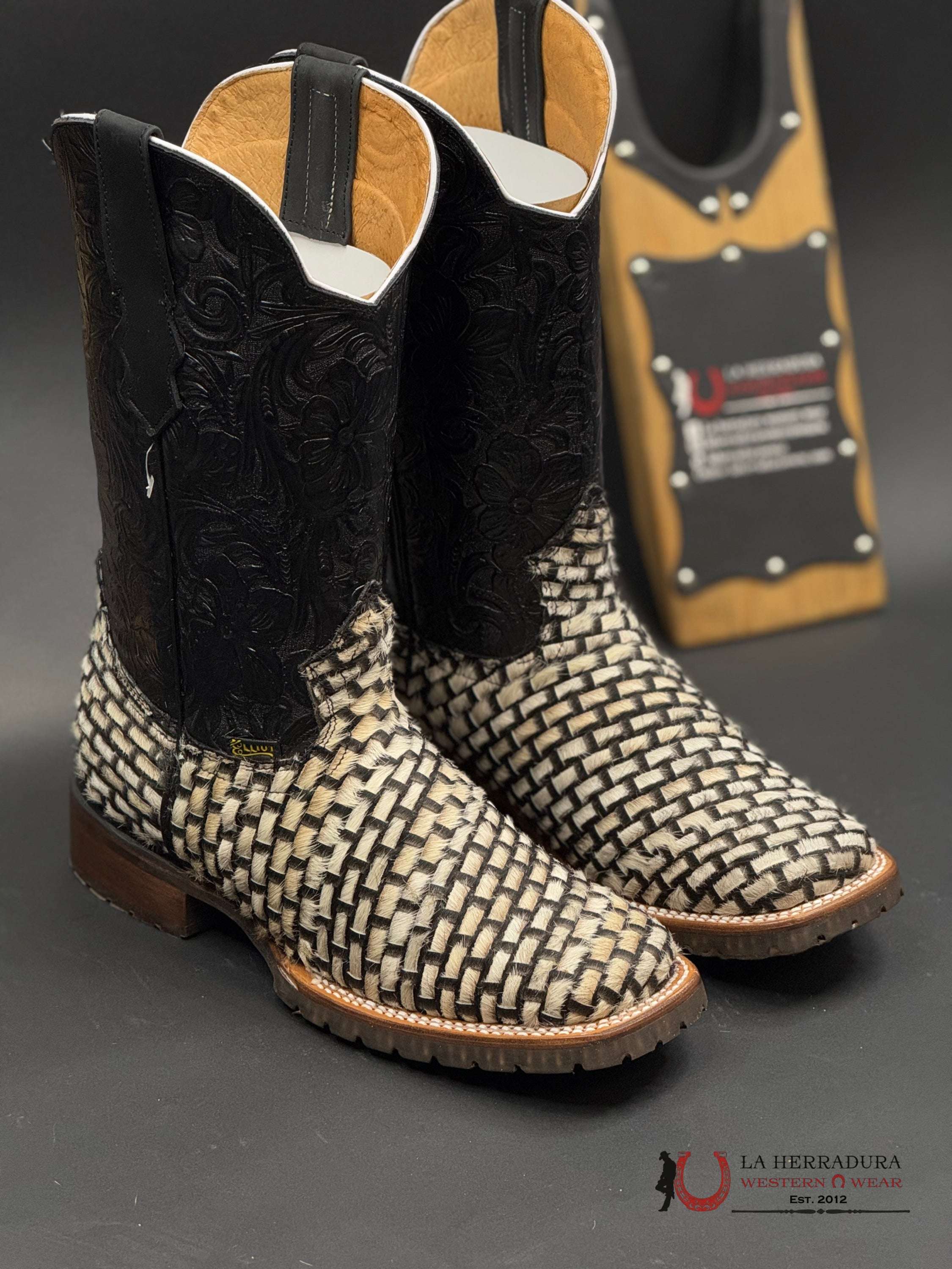 La Herradura Cow Hide Tejido Pelos Blanco Negro Square Toe Boots Botas Hombres