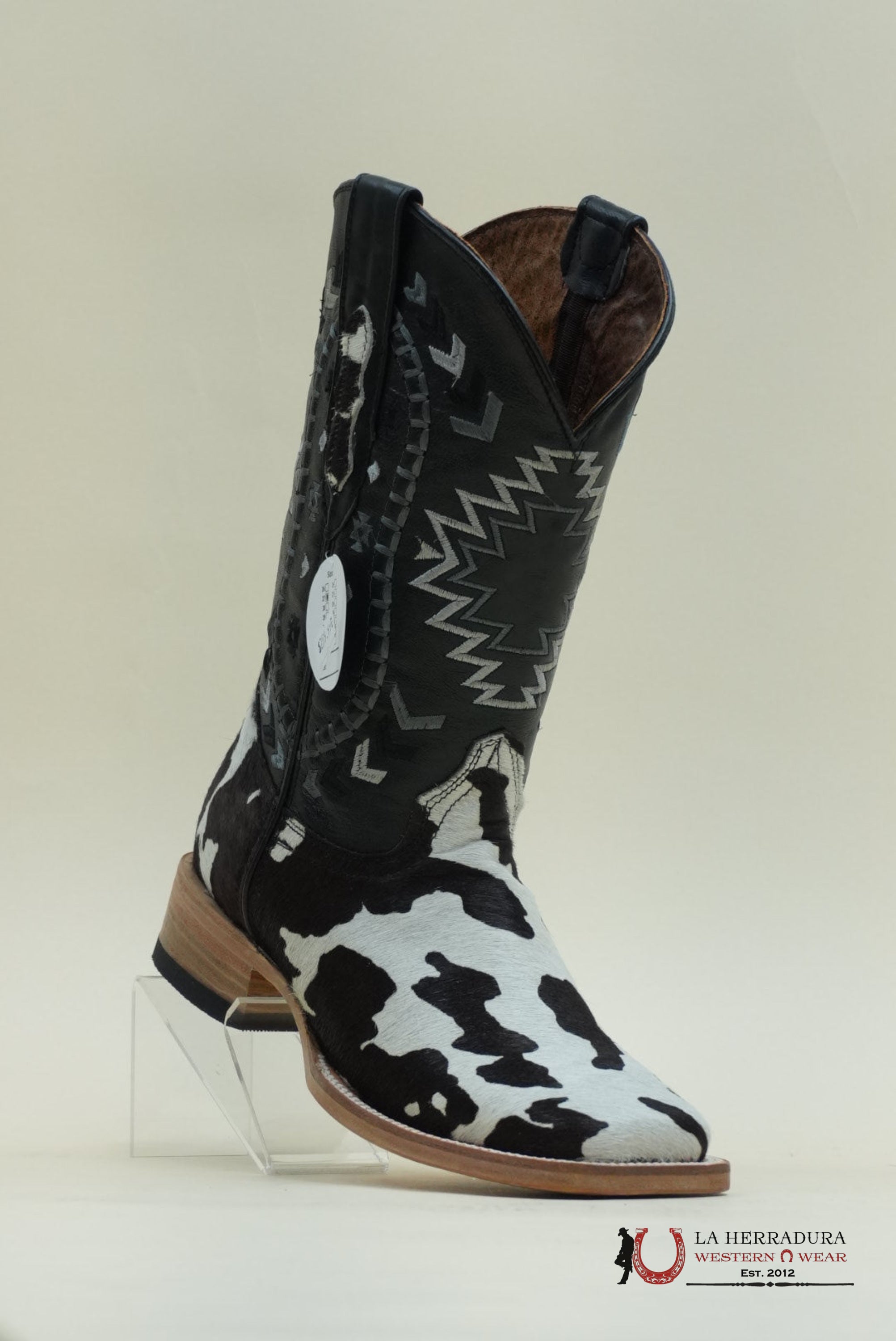 LA HERRADURA EXOTIC COW HIDE BLEACH WHITE BLACK CHEROKEE STITCH