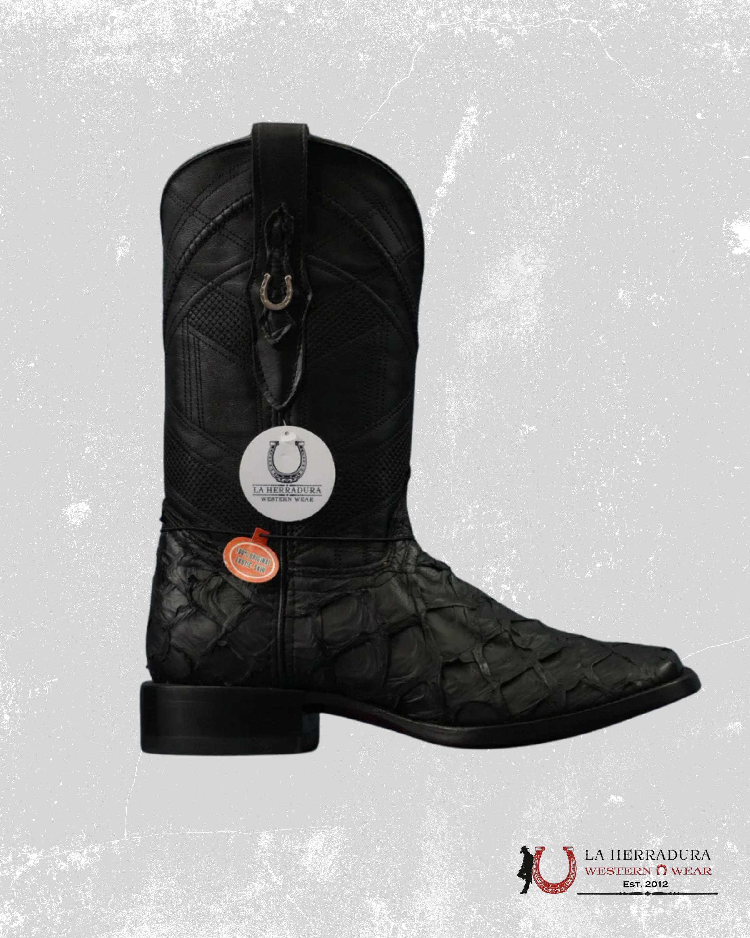 HERRADURA EXOTIC BLACK BIGBASS MATTE RED BOTTOM RUNGO MENS SQUARE TOE BOOT- 6512 BOTAS HOMBRES