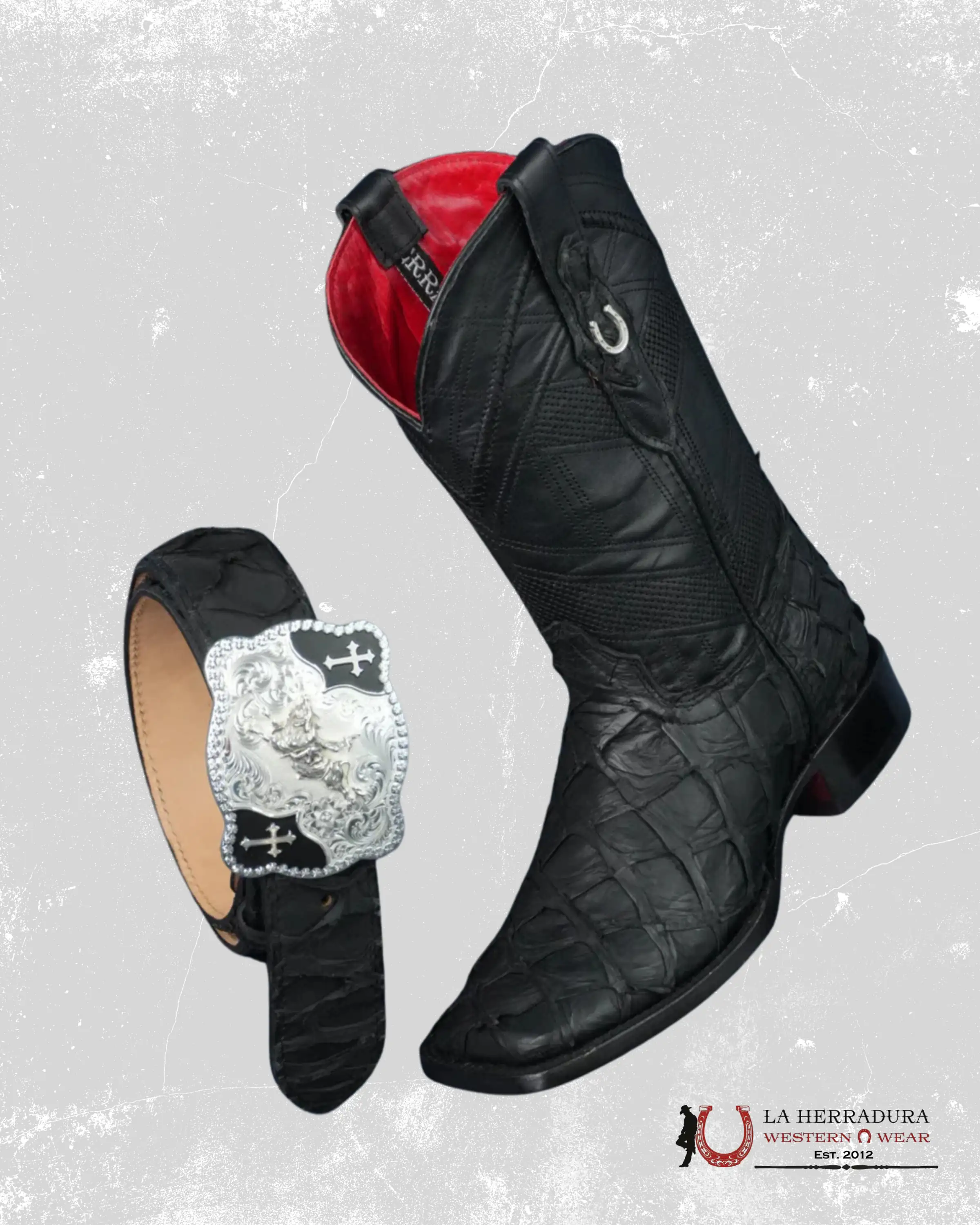 HERRADURA EXOTIC BLACK BIGBASS MATTE RED BOTTOM RUNGO MENS SQUARE TOE BOOT- 6512 BOTAS HOMBRES
