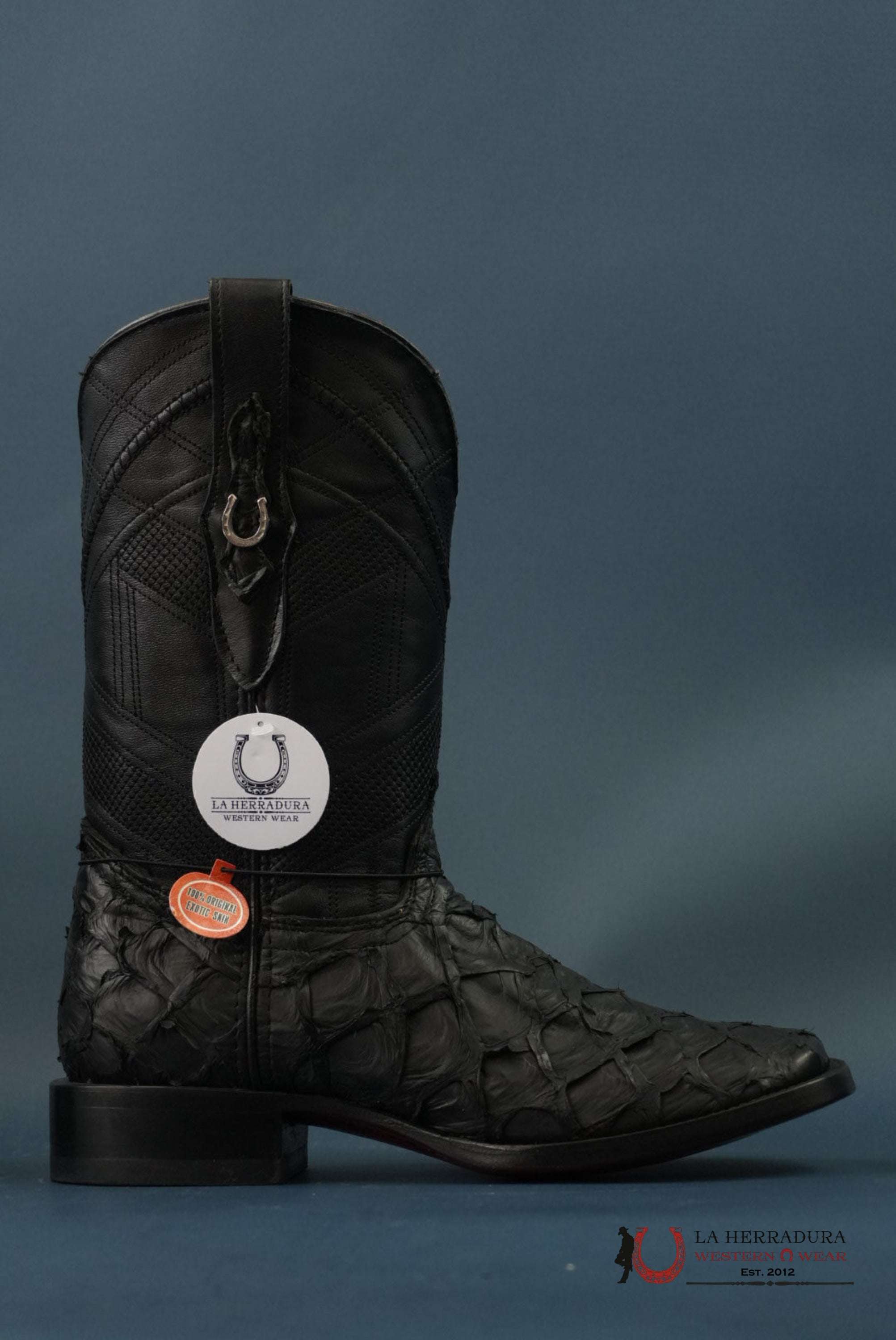 HERRADURA EXOTIC BIGBASS BLACK RUNGO BOOT SQUARE TOE BOTAS HOMBRES