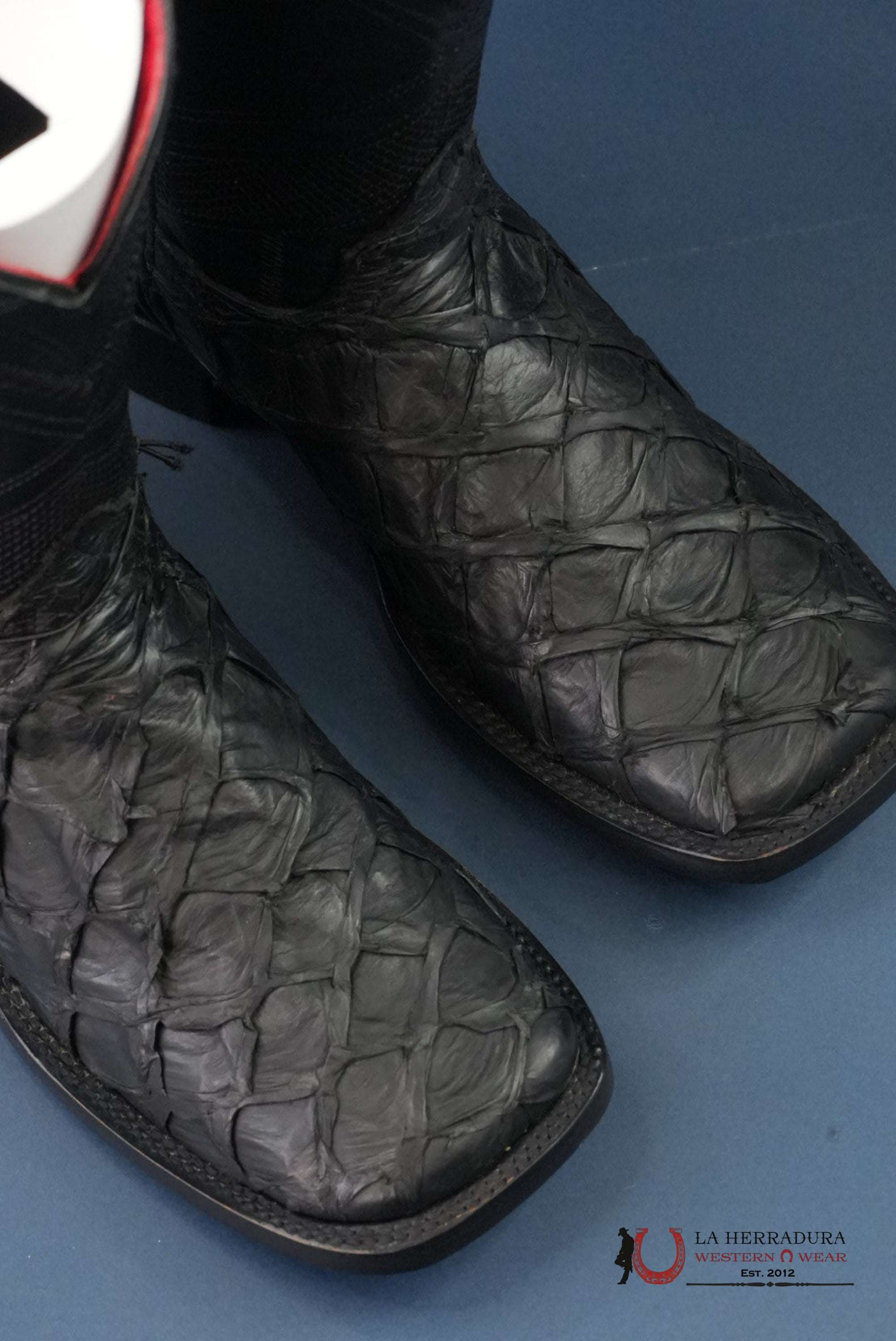 HERRADURA EXOTIC BIGBASS BLACK RUNGO BOOT SQUARE TOE BOTAS HOMBRES