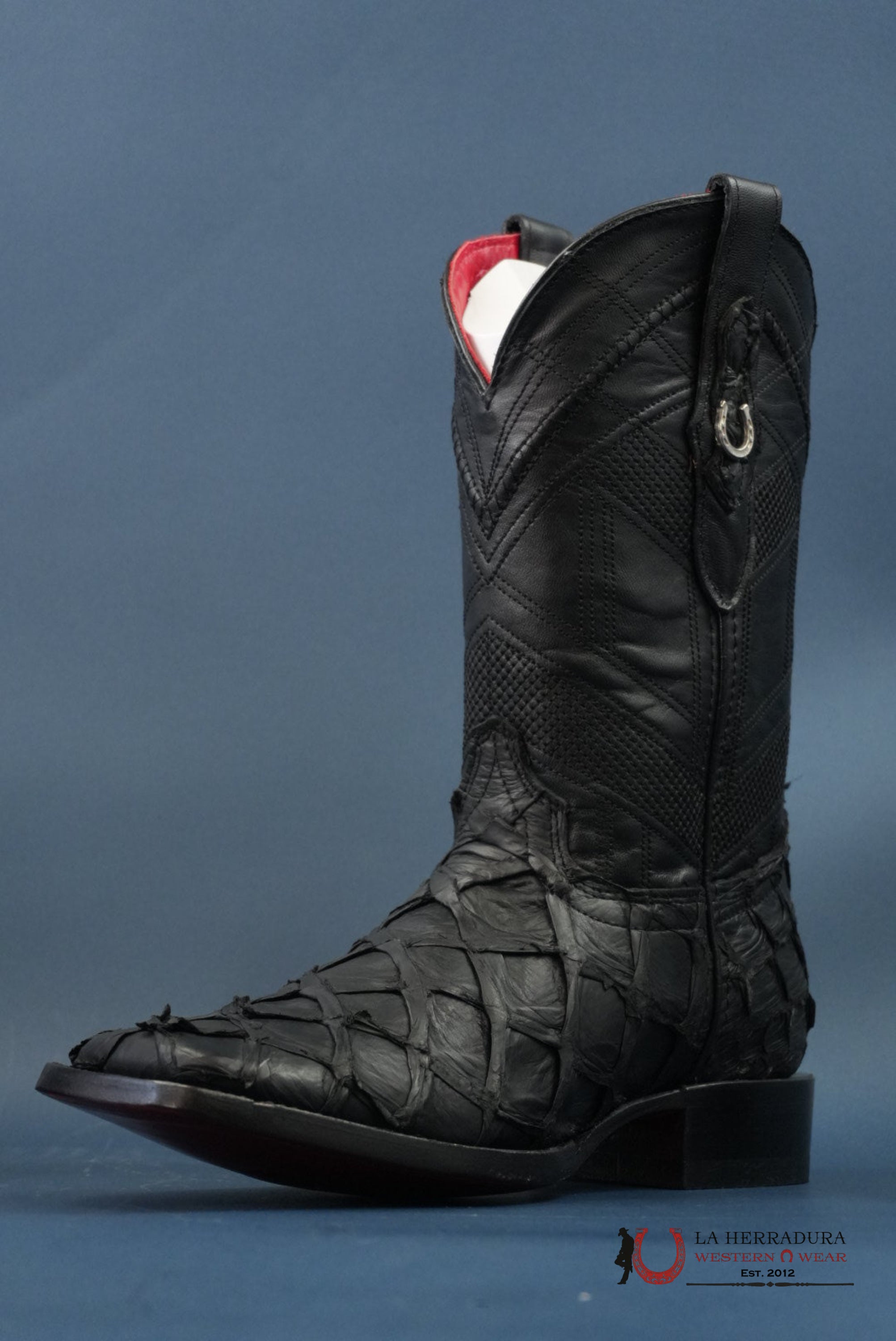 HERRADURA EXOTIC BIGBASS BLACK RUNGO BOOT SQUARE TOE BOTAS HOMBRES